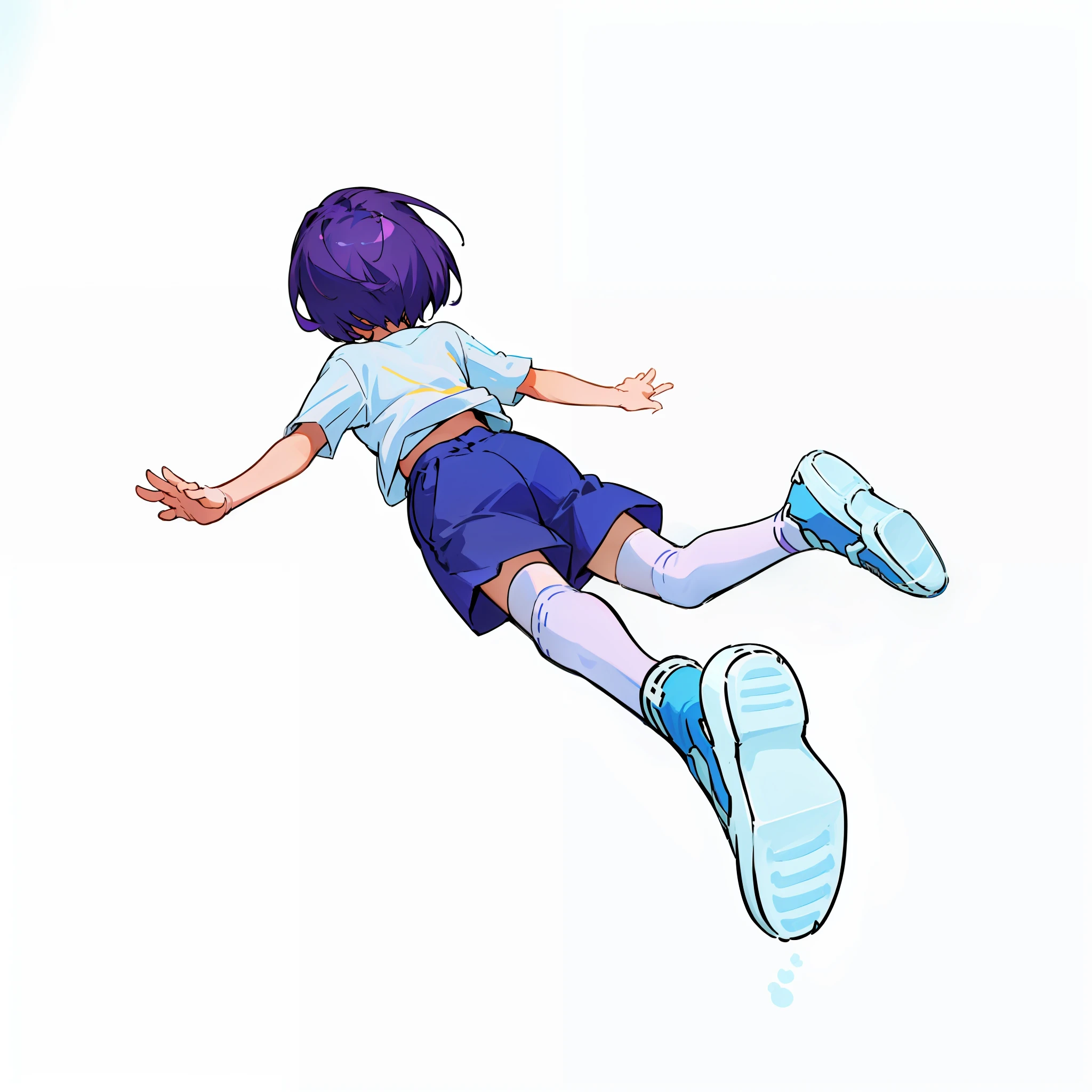 8K，Cartoon girl flying in the air, littlegirl, 2 d anime style, the anime girl is crouching, she is floating in the air, lying dynamic pose, character is flying, flying anime esper, Short dark purple hair, white t shirt，Blue Short，White knee-length socks，Light blue sneakers, flat anime style, 2d anime, Japanese animation style, white backdrop，anime pose，best qualitiy