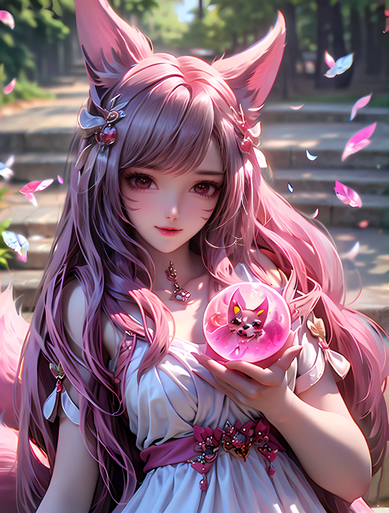 A tanuki is the image of a nine-tailed demon fox,Known for her unique appearance and charm。She has long pink hair、Big eyes and ears,As well as nine tails。Her clothing and designs are also full of oriental mysterious charm。