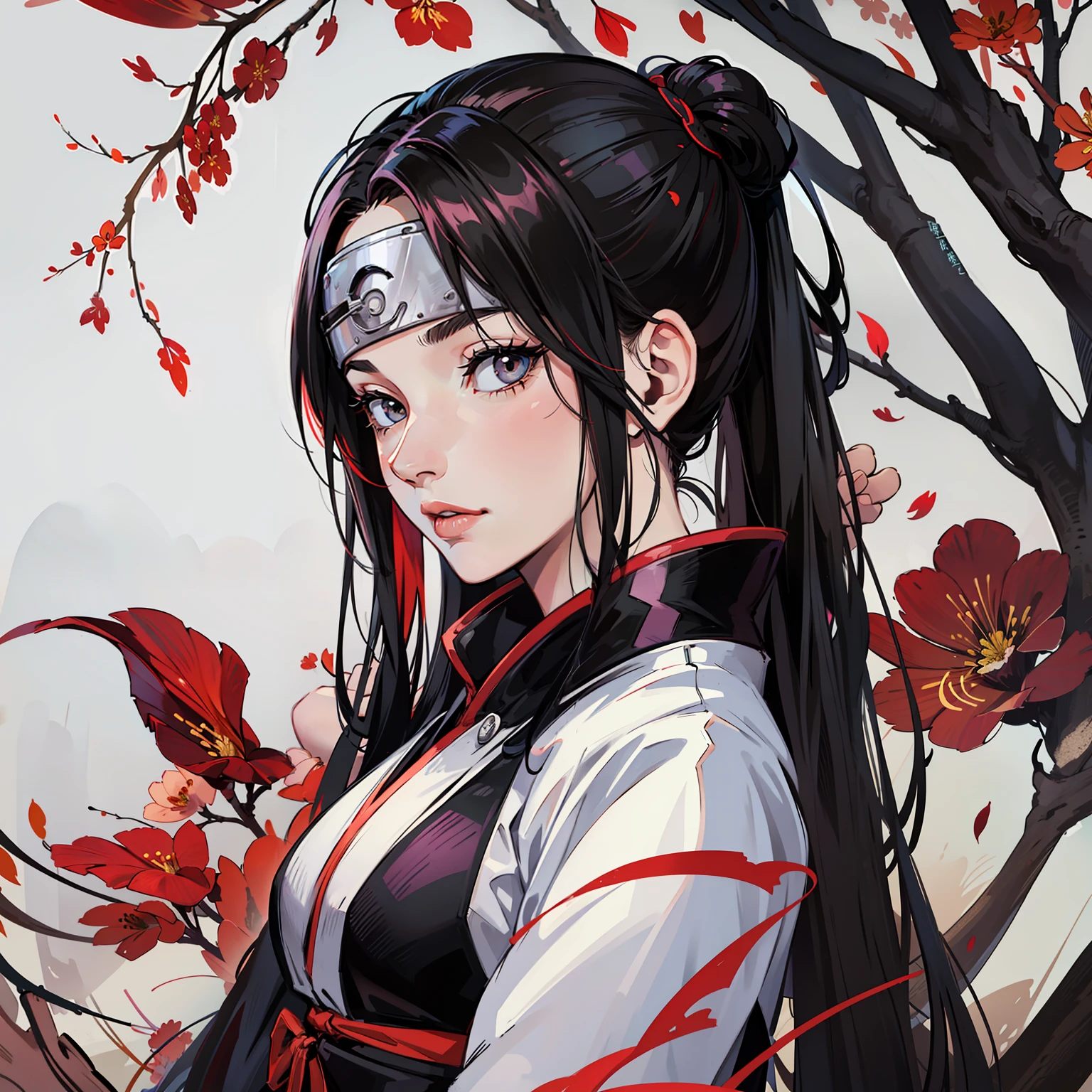 Naruto style，Slender and slender woman，Hands pinched around the waist，Black medium-long straight hair。Two-dimensional style，There are plum blossoms on the skirt --auto