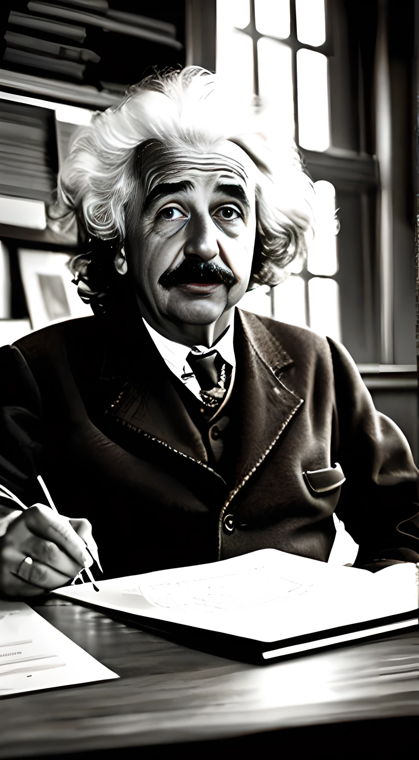 (masterpiece, high resolution, photo-realistic:1.3), Albert Einstein, distinctive (wild gray hair:1.2), looking up, (penetrating brown eyes:1.1), focused expression, cluttered wooden desk, piles of scientific papers, ink bottle, worn out quill, (chalkboard filled with complex equations:1.1), vintage office, soft natural lighting, grayscale, (old photo effect:1.2), warm sepia tones, introspective atmosphere, looking at viewer.