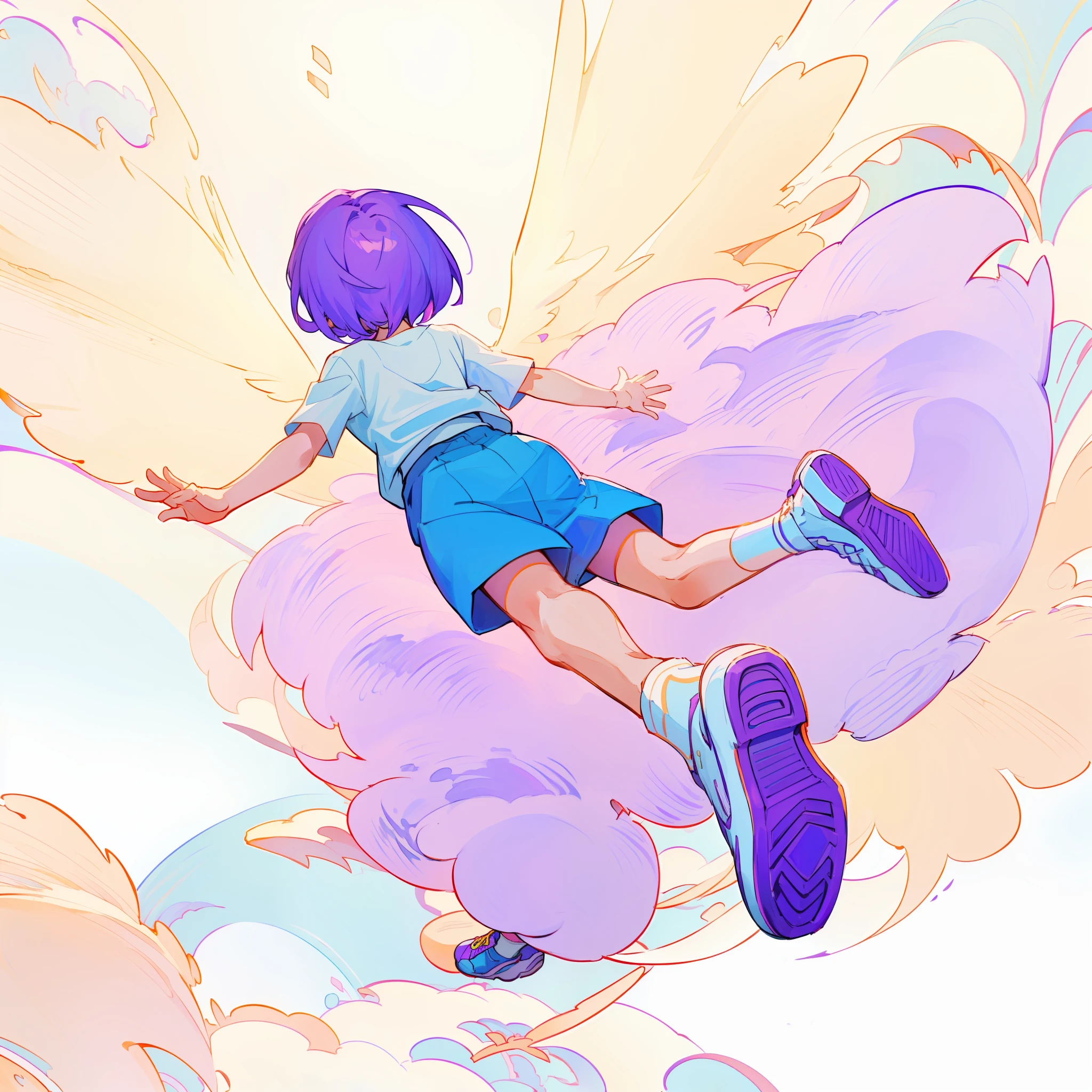 8K,Cartoon girl flying in the air, littlegirl, 2 d anime style, the anime girl is crouching, she is floating in the air, lying dynamic pose, character is flying, flying anime esper, Short dark purple hair, white t shirt,Blue Short,White knee-length socks,Light blue sneakers, flat anime style, 2d anime, Japanese animation style, white backdrop,anime pose,best qualitiy