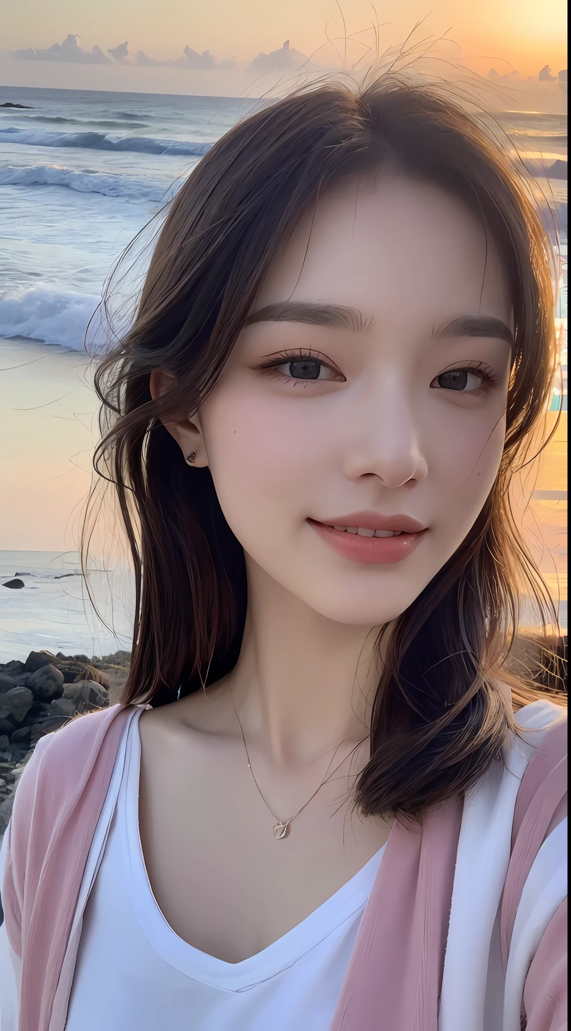 ((Top Quality, 8K, Masterpiece: 1.3)), Focus: 1.2, Perfect Beauty: 1.4, Astock: 1.2, ((Layered Hairstyle, Breasts: 1.2)), (Wet Clothes: 1.1), (Sunset, Seaside: 1.3), Halfway Flower Dress: 1.1, Highly Detailed Face and Skin Texture, Narrow Eyes, Double Eyelids, Whitening Skin, Long Hair, (Shut Up: 1.3), Smile, Unreal Beauty, Hairstyling, Head in the middle of the painting