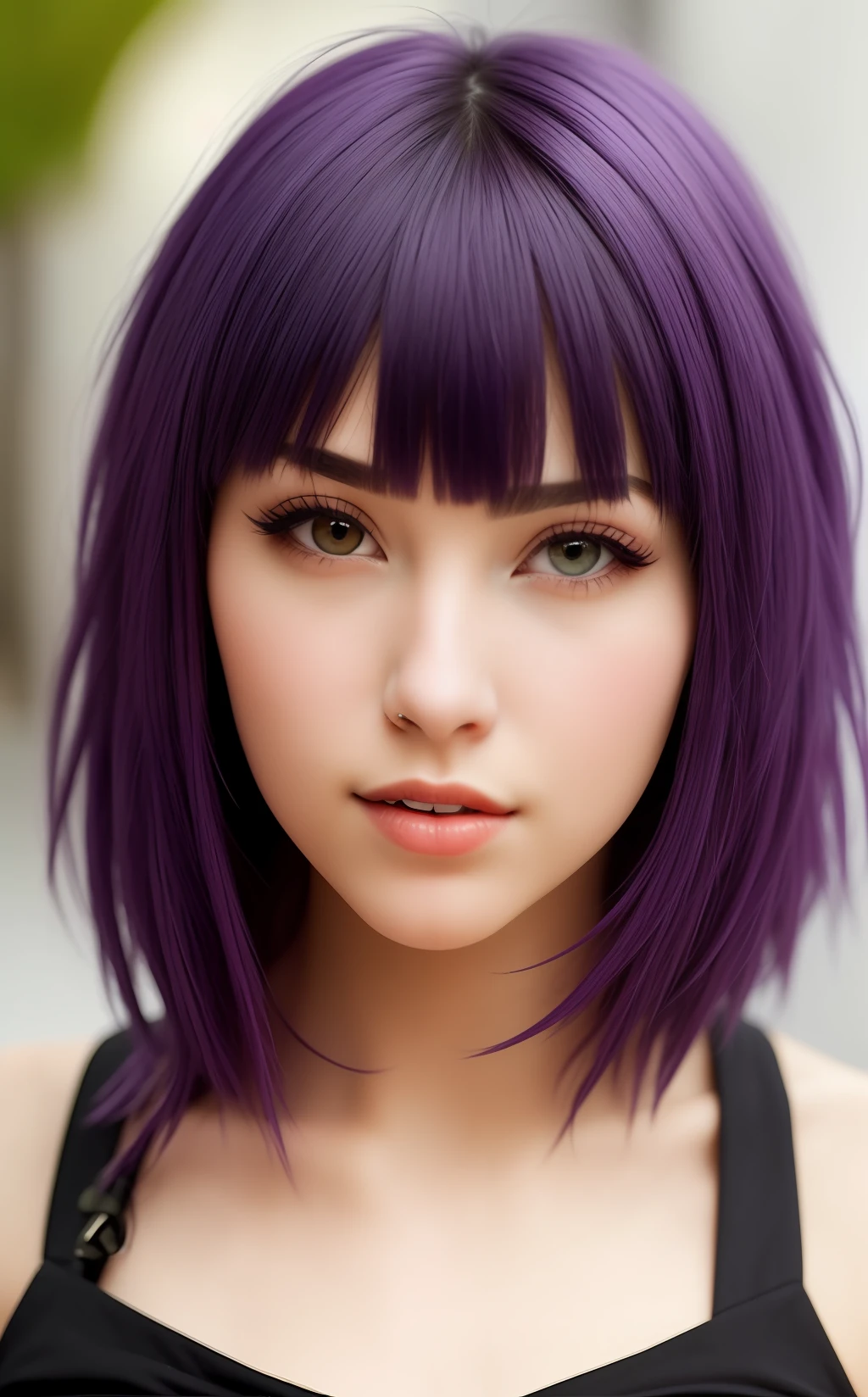 Girl snake bites piercings short purple dark hair with bangs