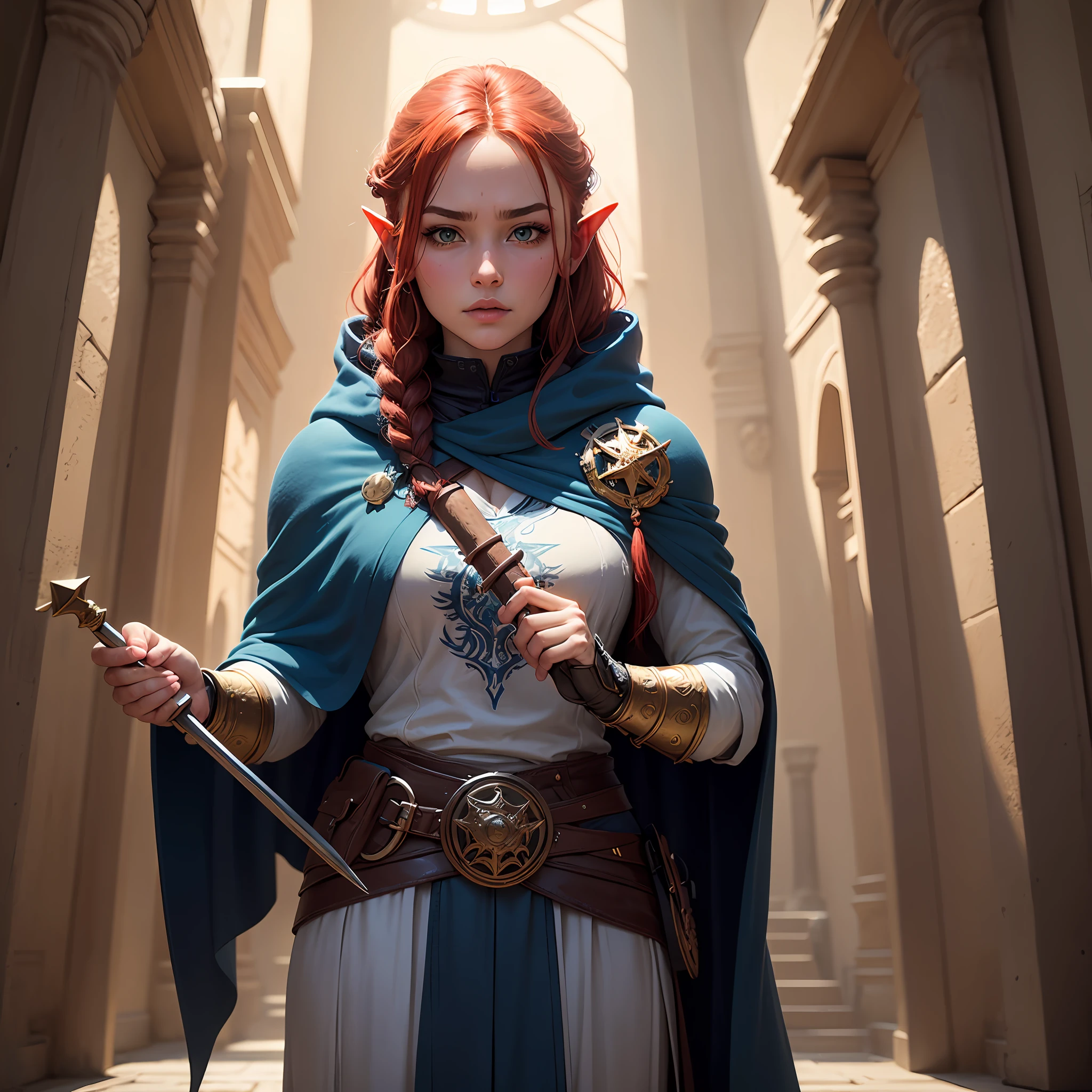 arafed, fantasy world, dnd art female, dwarf, (Masterpiece 1.5, intense details), red haired, green eyes, slightly pointed ears, braided hair, (Masterpiece, intense details), cleric, templar, casting a spell (Masterpiece, intense details dnd art), wearing white heavy armor with sigils (Masterpiece, intense details). Carrying a flaming axe (Masterpiece 1.5, intense details),Wearing a blue cloak with sigils (Masterpiece 1.4, intense details), holy symbol, radiant yellow light,(Masterpiece, intense details) standing near fantasy setting temple at dawn, sun, backlight, (Masterpiece, intense details) glowing light, ray tracing, reflection light, silhouette, wide shot, panorama, Ultra-Wide Angle, award winning, best quality, HD, 4K, high details --auto