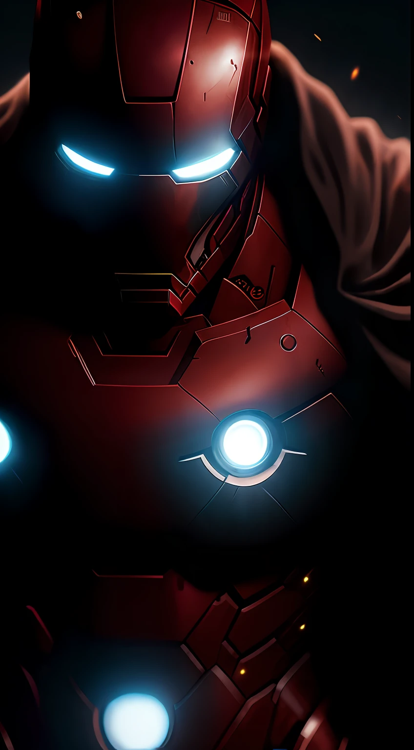 (dark shot: 1.1), epic realistic, Iron Man Noir in the dark with glowing eyes and glowing cape, soft cinematic light, Adobe Lightroom, darkroom, HDR, intricate, highly detailed, (depth of field: 1.4), hyper-detail (artstation: 1.4), cinematic, warm light, dramatic light (complex details: 1.1)