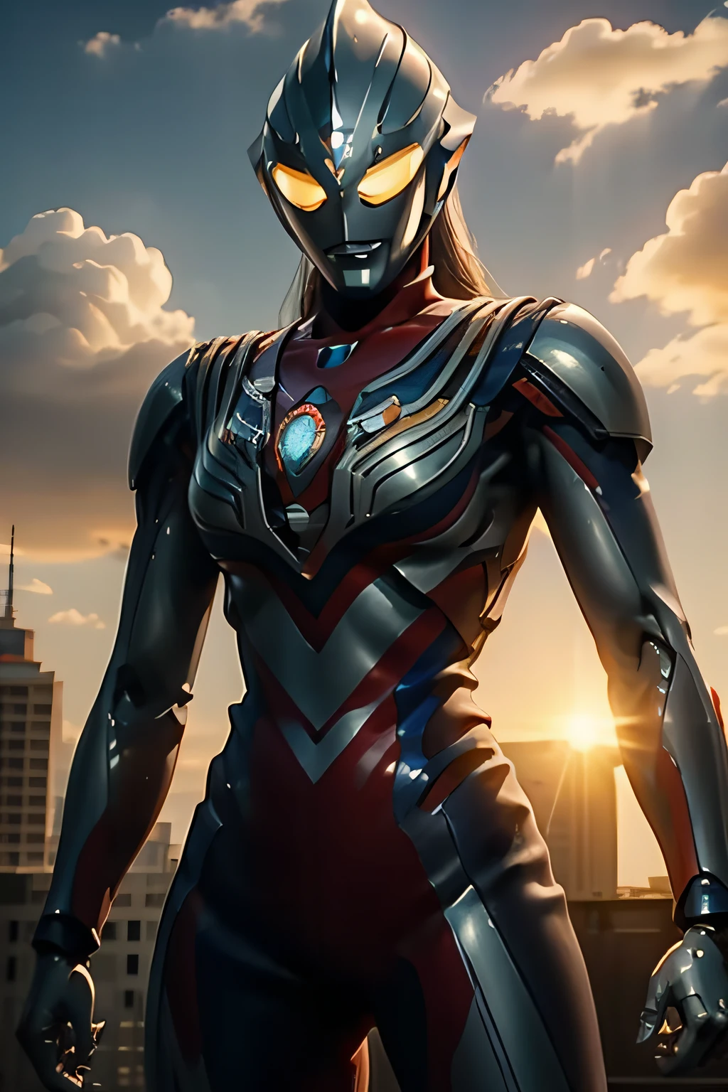 Masterpiece, top quality, high resolution, realistic, cowboy shot, 1 girl, ultraman, mecha ultraman, silver, red, blue, transparent, (stance: 1.1), biomechanics, urban, sunset, dramatic lighting,