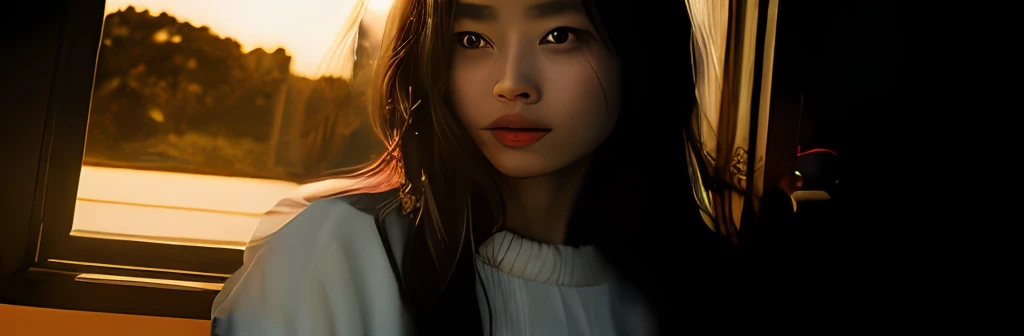 There is half body of intelligent Japan young woman illuminated by the light of the setting sun、Only half of her face is visible、Very high quality images、ayu、In the sophisticated atmosphere of Lofi、Girl like a girl、In a young Japan woman、She has a white Apple pencil in her hand、、Beautiful black hair、Top Quality, Realstic, photorealestic, Top Quality, 巨作, extremelydelicateandbeautiful, very detailled, Fine detail, Super Detail, highly resolution, very detailled, Realstic, ultra high def, Top Quality, ultra high def, High-quality textures