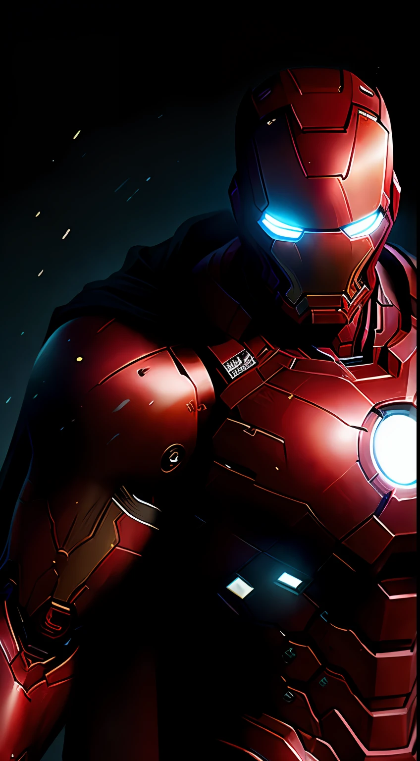 (dark shot: 1.1), epic realistic, Ultimate Iron Man in the dark with glowing eyes and glowing cape, soft cinematic light, Adobe Lightroom, darkroom, HDR, intricate, highly detailed, (depth of field: 1.4), hyper-detail (artstation: 1.4), cinematic, warm light, dramatic light (complex details: 1.1)