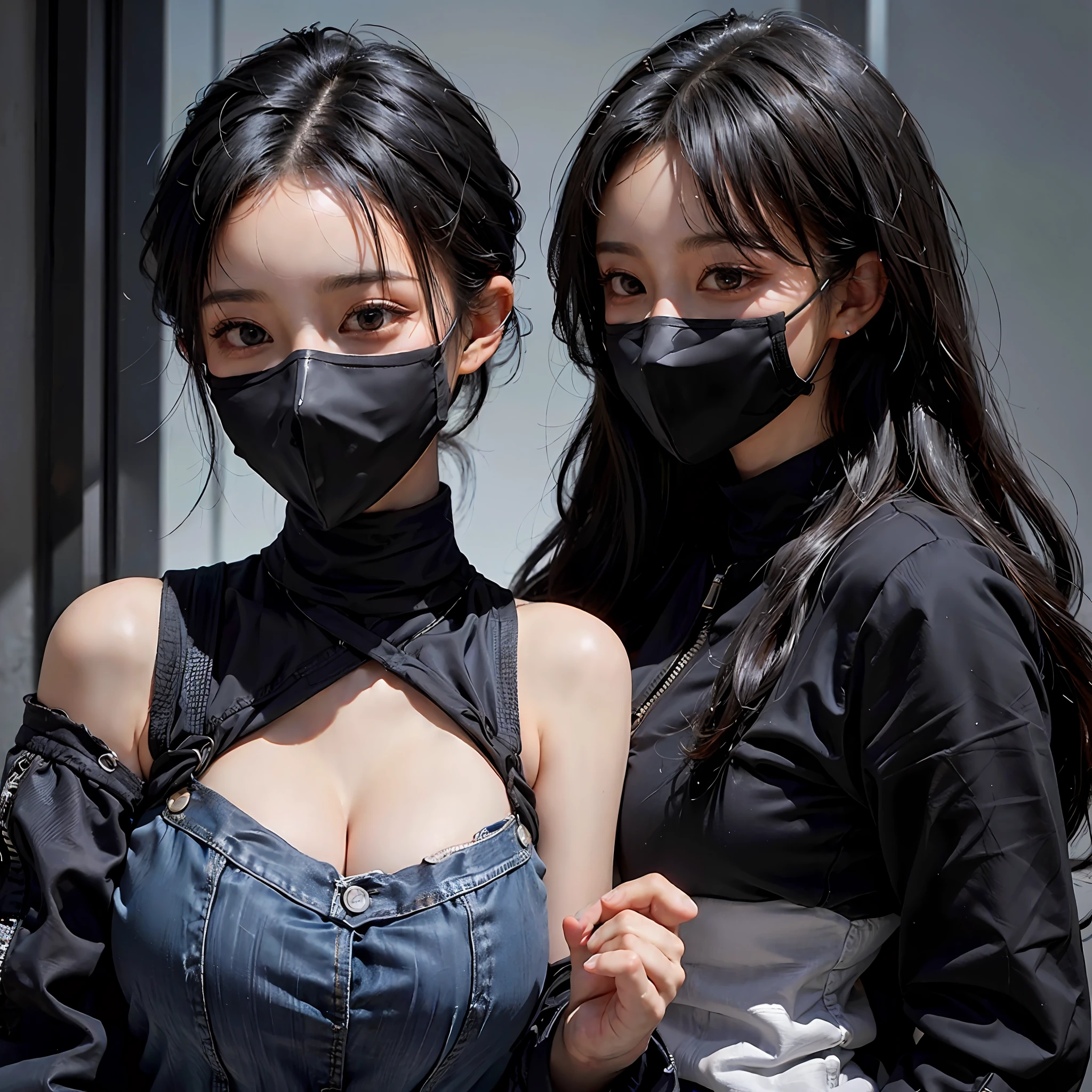 23-year-old woman、(hi-top fade:1.3)、Black hair is long hair、Dark Theme、soothing tones、Subdued Color、high-contrast、(Natural skin texture、Hyper-Realism、Soft light、sharp)、(Cool Woman)、(Black mask)、(Wearing jeans)、Breast size like a giant