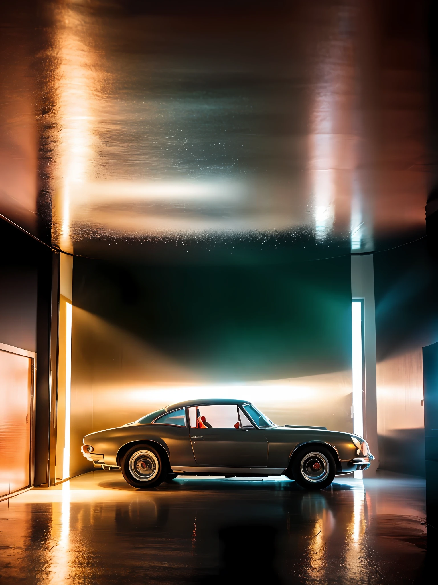 (8K, best quality:1.2), (masterpiece:1.37), (photo, photorealistic:1.37), (ultrahigh-res), A realistic product photograph of FERRARI 250 GT BERLINETTA (1956) silver in a showcase garage, reflections on the black metallic silver floor, mirrored walls in the background, black lighting, cinematic, 8k, black lighting photographed by Canan EOS R6, 135mm, 1/1250s, f/2.8, ISO 400, backlighting, motion blur