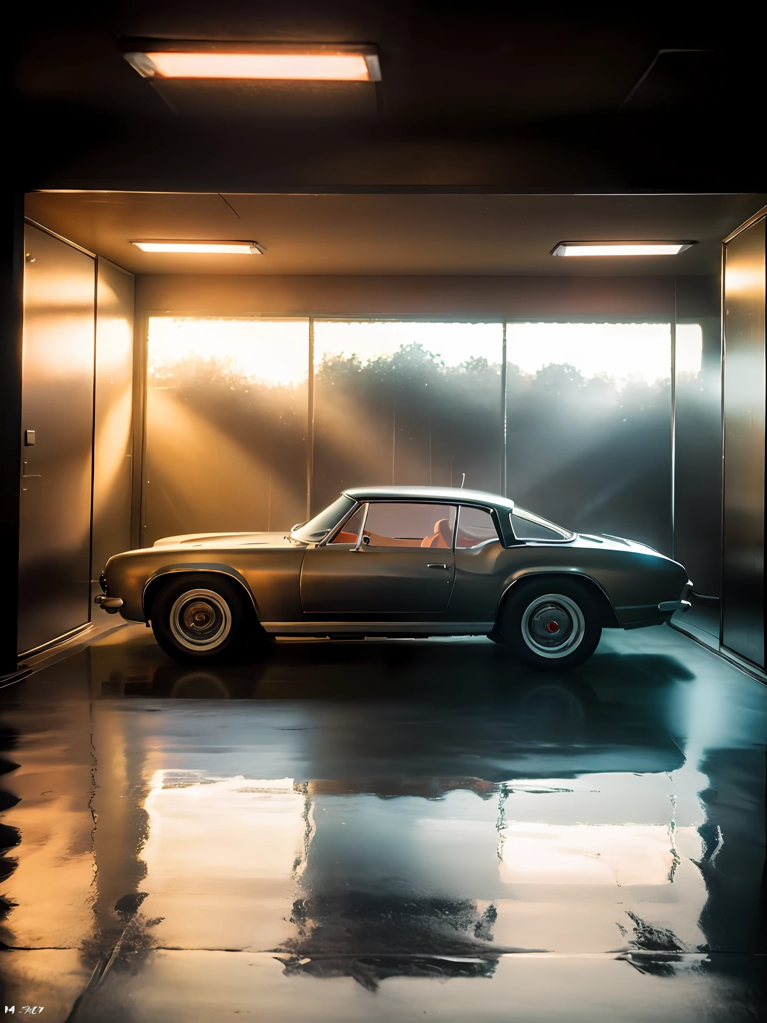 (8K, best quality:1.2), (masterpiece:1.37), (photo, photorealistic:1.37), (ultrahigh-res), A realistic product photograph of FERRARI 250 GT BERLINETTA (1956) silver in a showcase garage, reflections on the black metallic silver floor, mirrored walls in the background, black lighting, cinematic, 8k, black lighting photographed by Canan EOS R6, 135mm, 1/1250s, f/2.8, ISO 400, backlighting, motion blur