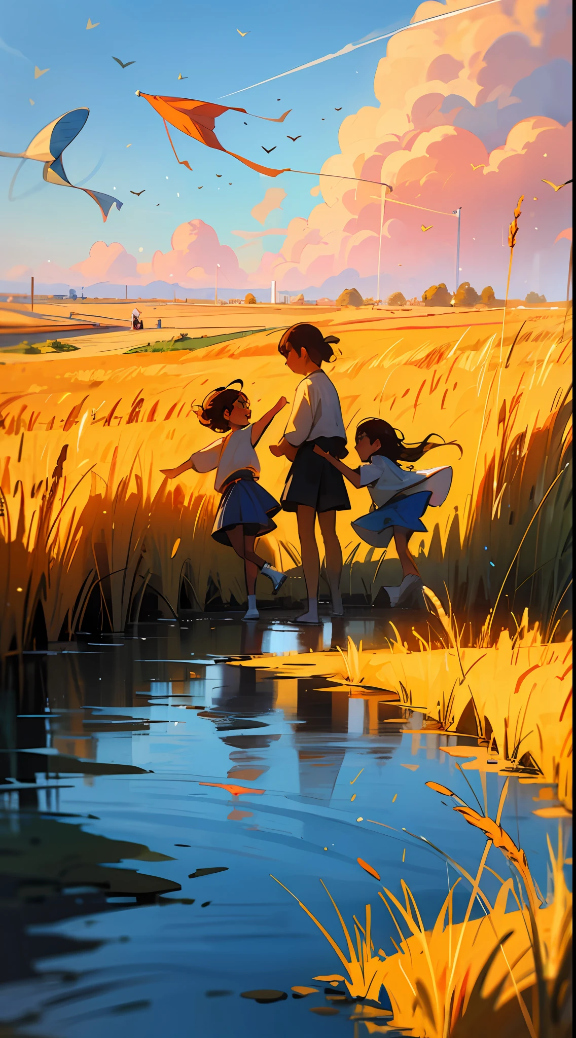 By the lake, a group of children are playing happily and splashing water. A lush forest surrounds a tranquil lake with sparkling water reflecting the blue sky and white clouds. Families picnicking in the shade and enjoying the summer. In the distance, the golden wheat fields sway with the wind, like a golden ocean. Farmers are harvesting crops and celebrating the harvest season. On the other side of the field, some young people are flying kites, and the colorful kites are dancing in the blue sky.