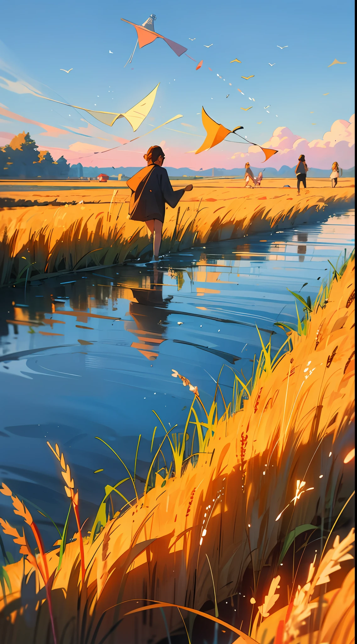 By the lake, a group of children are playing happily and splashing water. A lush forest surrounds a tranquil lake with sparkling water reflecting the blue sky and white clouds. Families picnicking in the shade and enjoying the summer. In the distance, the golden wheat fields sway with the wind, like a golden ocean. Farmers are harvesting crops and celebrating the harvest season. On the other side of the field, some young people are flying kites, and the colorful kites are dancing in the blue sky.