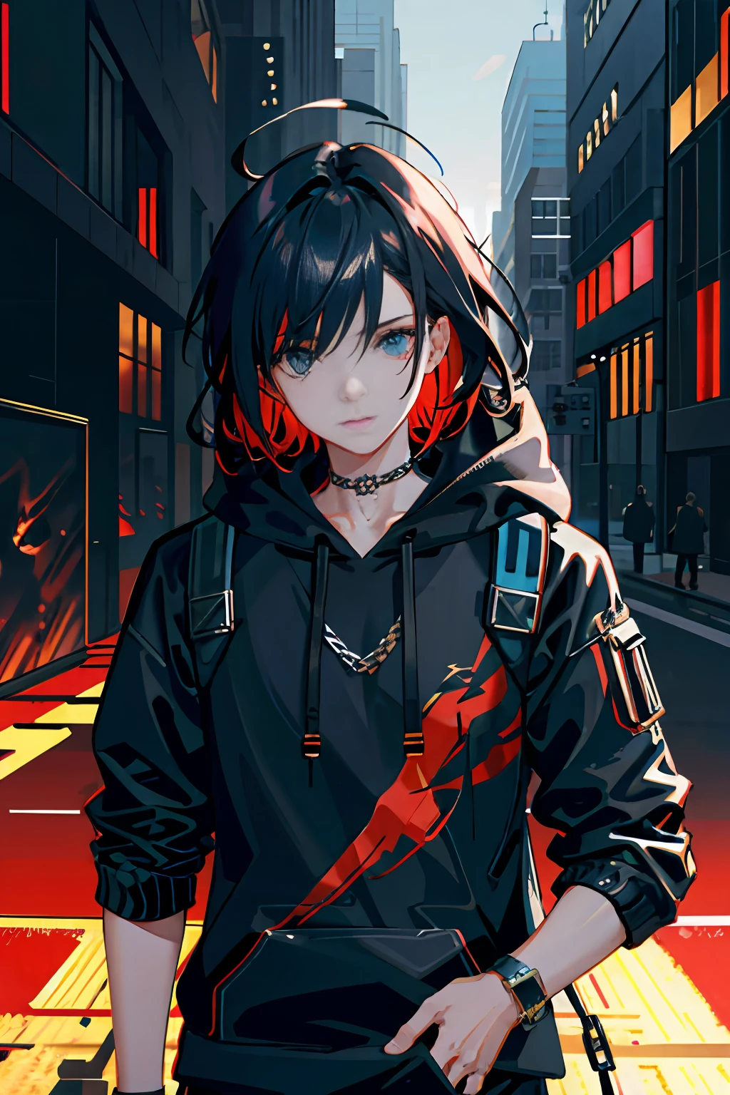 （（（1 teenage boy）），raytraced，（dimly lit by），[detailedbackground（Black night sky）），（（cabelos preto e longos）），（（black color hair）），（（（（（Black hair with fluffy hair））Wears a high ponytail）））Look straight ahead under the night sky（（（（The boy wears a crimson tech-style Assassin tights and a tech-inspired mask to cover his mouth）And wear naked finger gloves），Showing a delicate and capable body，Correct limbs，Half kneeling on the roof of the building