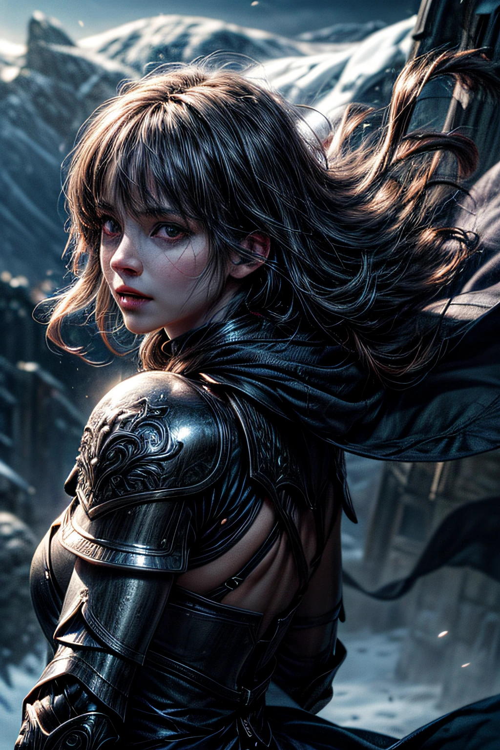 8k,ultra detailed, masterpiece, best quality, (extremely detailed), dynamic angle, Mysterious expression, wind effect, fantasy background, rim lighting, cinematic light, ultra high res, 8k uhd, film grain,best shadow, delicate, RAW, light particles, detailed skin texture, detailed armor texture, detailed face, intricate details, ultra detailed, bright, strong, silver armor, (holding weapon), slashing, slash action, pauldrons, glowing eyes, long cape, fantasy, (realistic), shoulder armor, complex, intricate, perfect lighting, looking at viewer, cinematic lighting, flying in sky,flying, holy light, vivid, bangs, windy, frozen mountains, long white wavy hair, lich queen