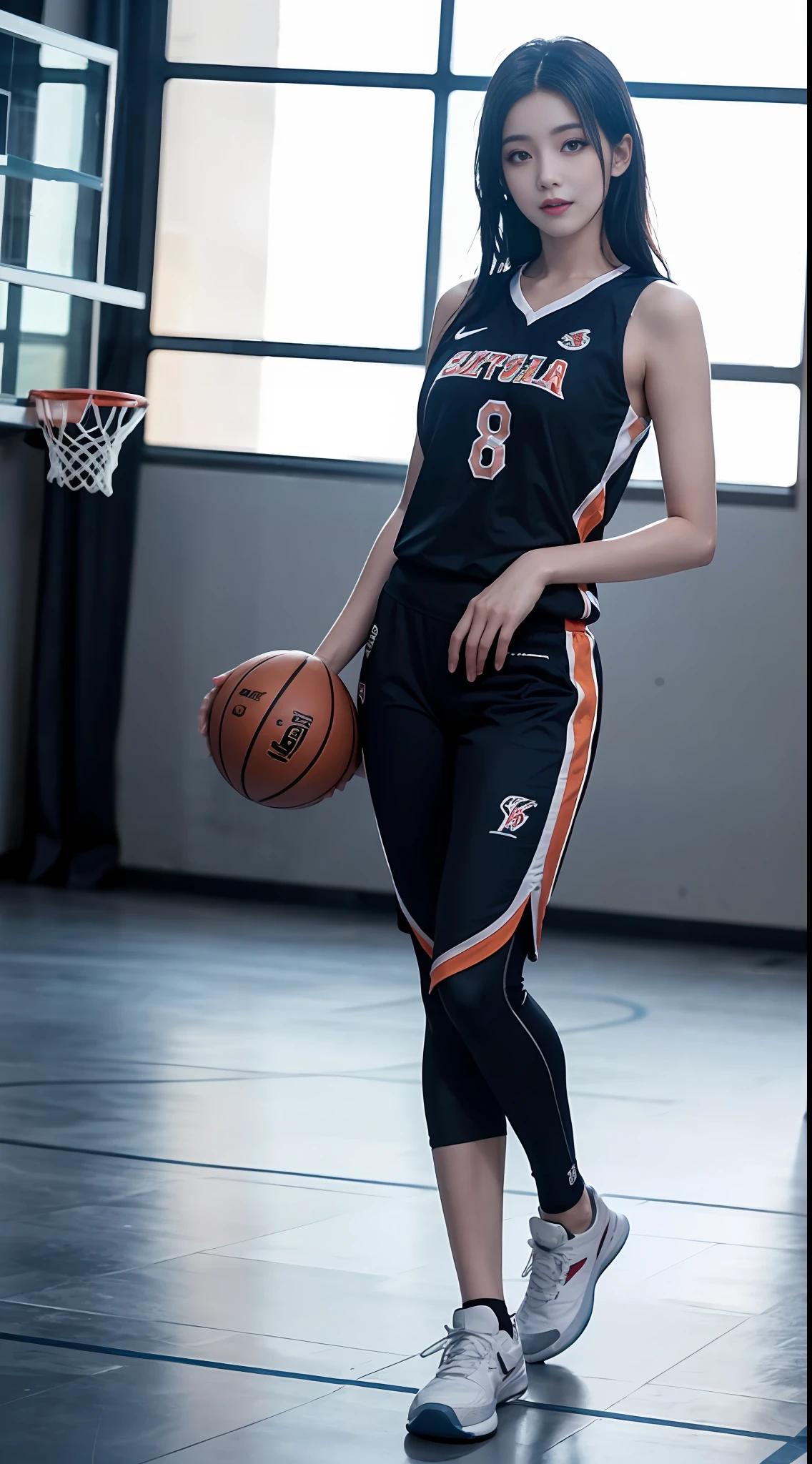 8K, Best Quality, Masterpiece: 1.2), (Realistic, Realistic: 1.37), Ultra Detailed, Best Quality, Ultra High Resolution, Professional Lighting, Photon Mapping, Teleportion, Physically Based Rendering, Film Lighting, Basketball Court, Depth of Field, Clear Focus, Sunlight, Good Composition, (Bokeh: 1.2) 1girl, solo, ((full body)), (shut up), beautiful and detailed eyes, pose, narrow waist, sexy basketball suit, black hair, messy hair, fluttering long hair, ( ulzzang-6500: 1.2), slim figure, slender legs, smile, big breasts