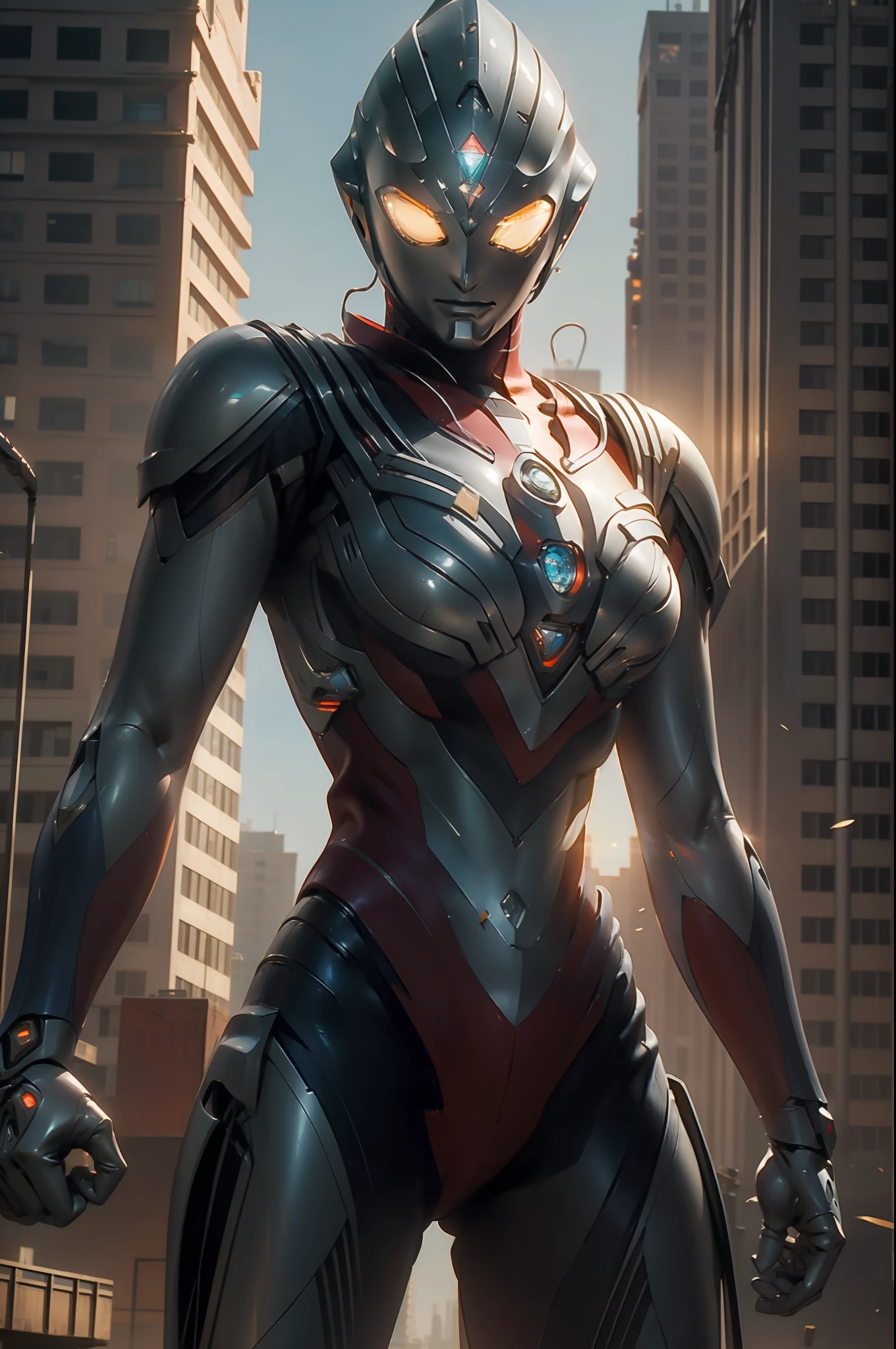 Masterpiece, top quality, high resolution, realistic, cowboy shot, 1 girl, ultraman, mecha ultraman, silver, red, blue, transparent, (stance: 1.1), biomechanics, urban, sunset, dramatic lighting,