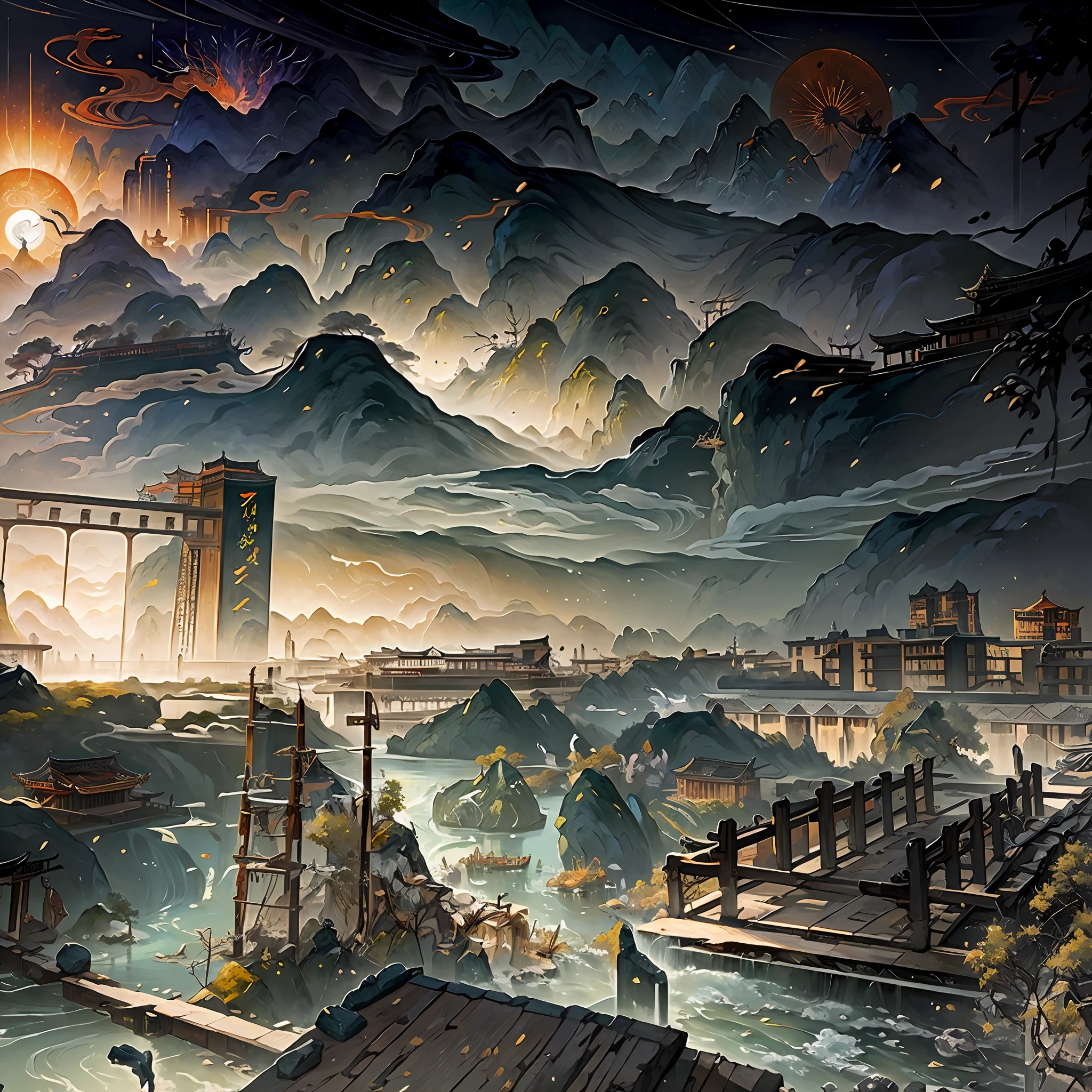 Ancient Chinese scenery, mountains, rivers, auspicious clouds, sunshine, masterpieces, super detail, epic composition, ultra HD, high quality, extremely detailed, official art, unified 8k wallpaper, Super detail, 32k -- v 6