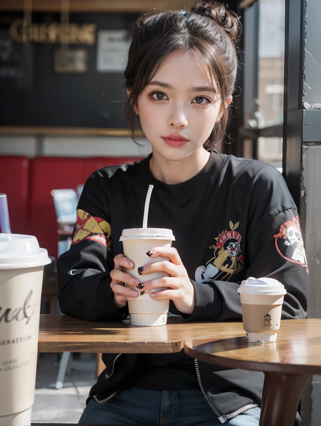 Chest_to_head, ((Masterpiece, best quality, photorealistic)), a woman wearing casual tshirt with skull printed on jacket, black clothes, short bun hair, silk-brown hair, sit in cafe, facing at viewer,(chair,iced coffee,table, wall decorate,waiters, crowd cafe), blur background, deep of field, canon eos 5D with 50mm, volumetric lighting, light on face, ultra high resolution