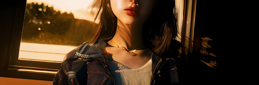 There is half body of intelligent Japan young woman illuminated by the light of the setting sun、Only half of her face is visible、Very high quality images、ayu、In the sophisticated atmosphere of Lofi、Girl like a girl、In a young Japan woman、She has a white Apple pencil in her hand、、Beautiful black hair、Top Quality, Realstic, photorealestic, Top Quality, 巨作, extremelydelicateandbeautiful, very detailled, Fine detail, Super Detail, highly resolution, very detailled, Realstic, ultra high def, Top Quality, ultra high def, High-quality textures