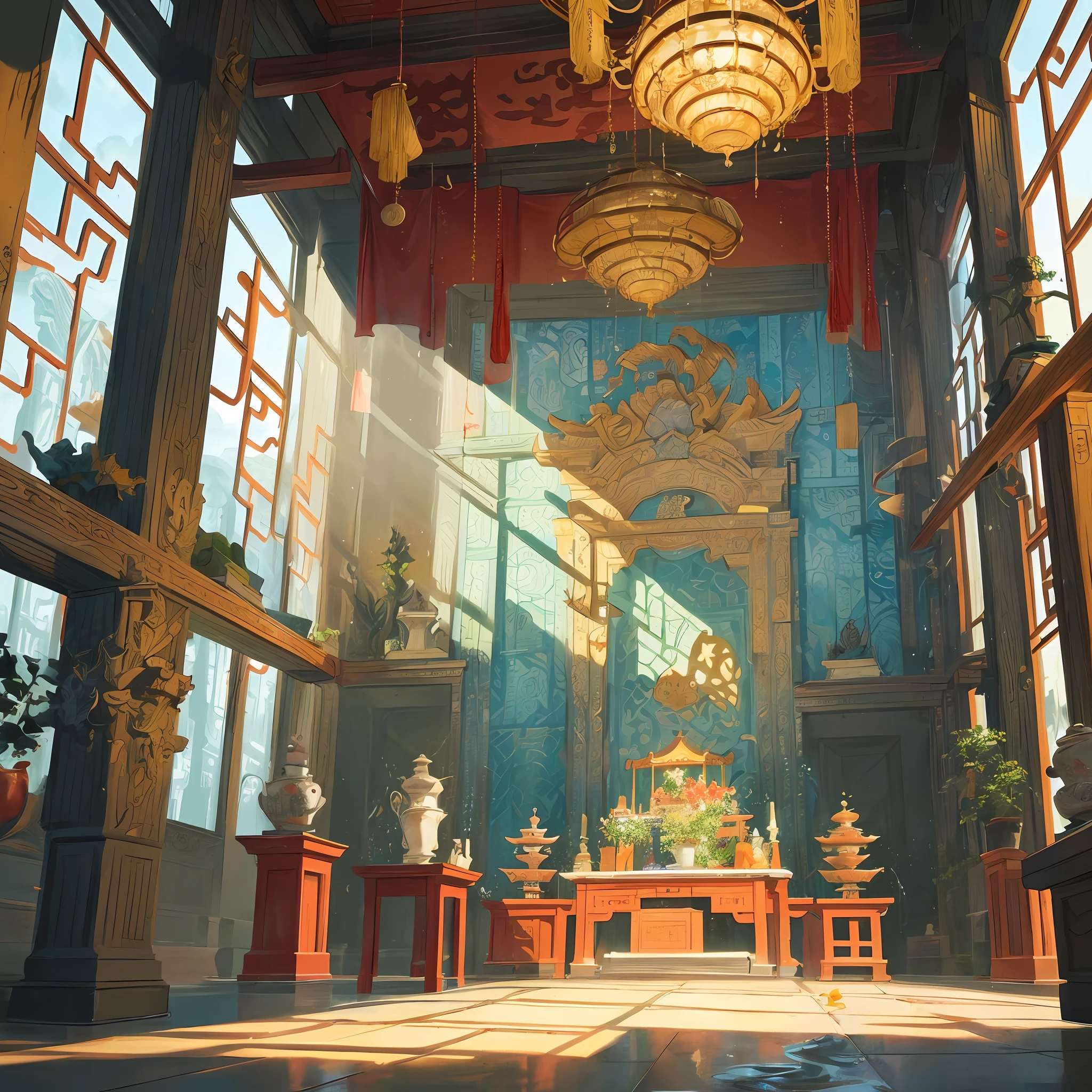 The game scene, the ancient Chinese palace is located above the clouds, surrounded by clouds and mist, majestic, glazed tiles, colorful rays of light, ((color ink)),((splash ink)),((splash ink) ink}) ), masterpiece, high quality, Refined graphics, high detail