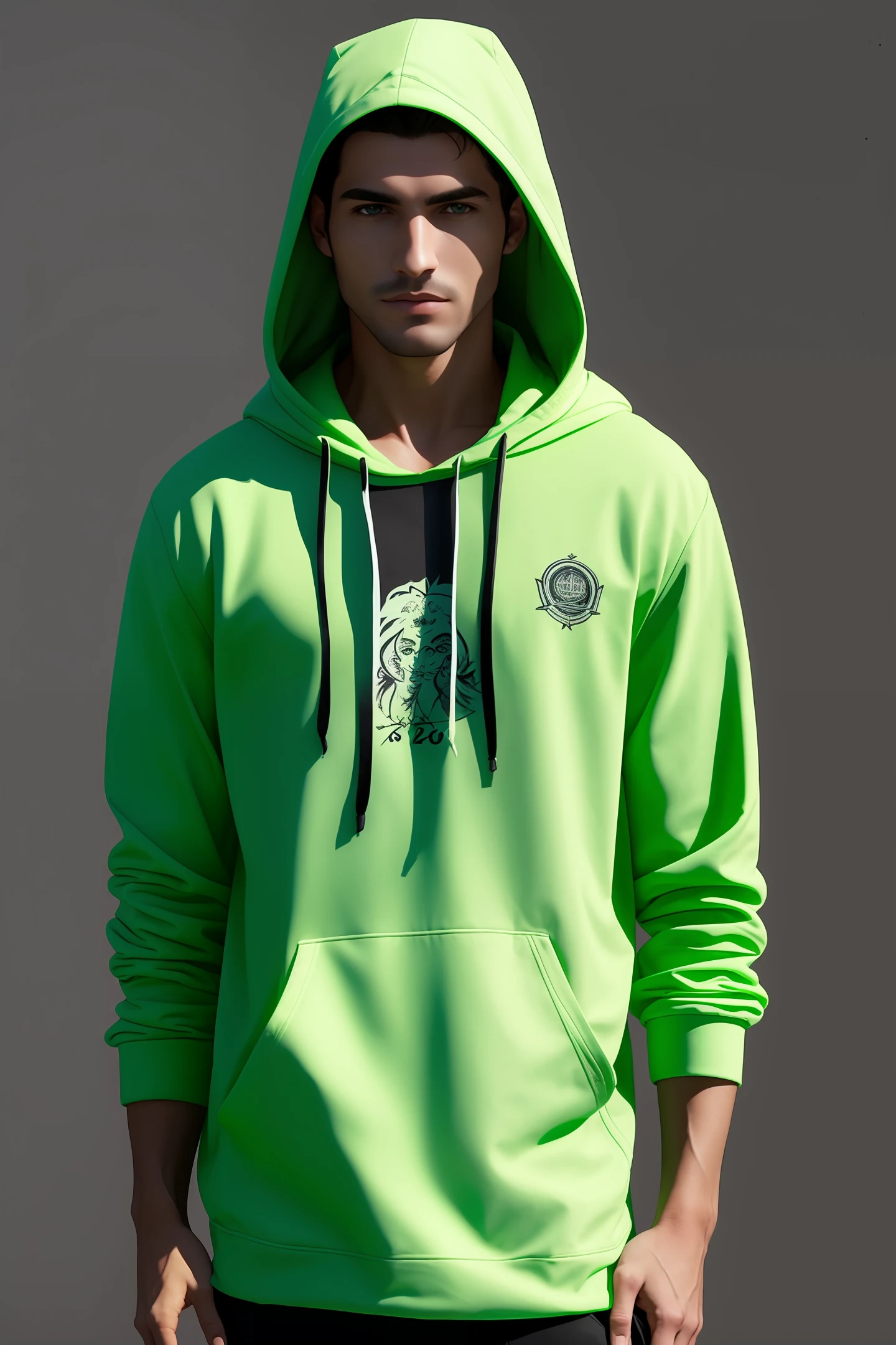 Personagem masculino, Hooded standing, de frente, neon verde, hiper detalhes