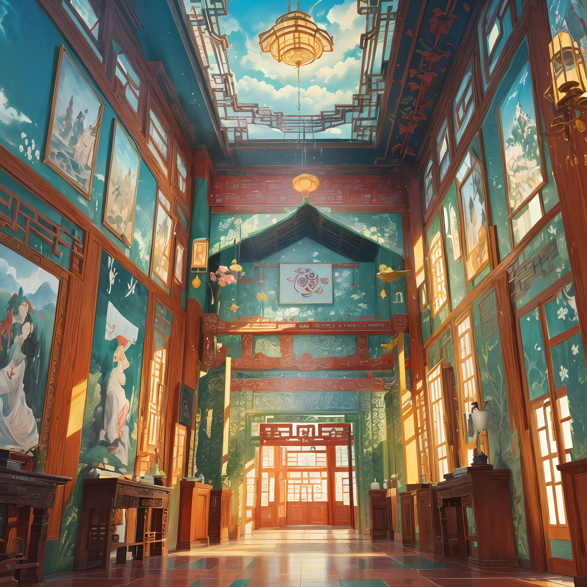 The game scene, the ancient Chinese palace is located above the clouds, surrounded by clouds and mist, majestic, glazed tiles, colorful rays of light, ((color ink)),((splash ink)),((splash ink) ink}) ), masterpiece, high quality, Refined graphics, high detail
