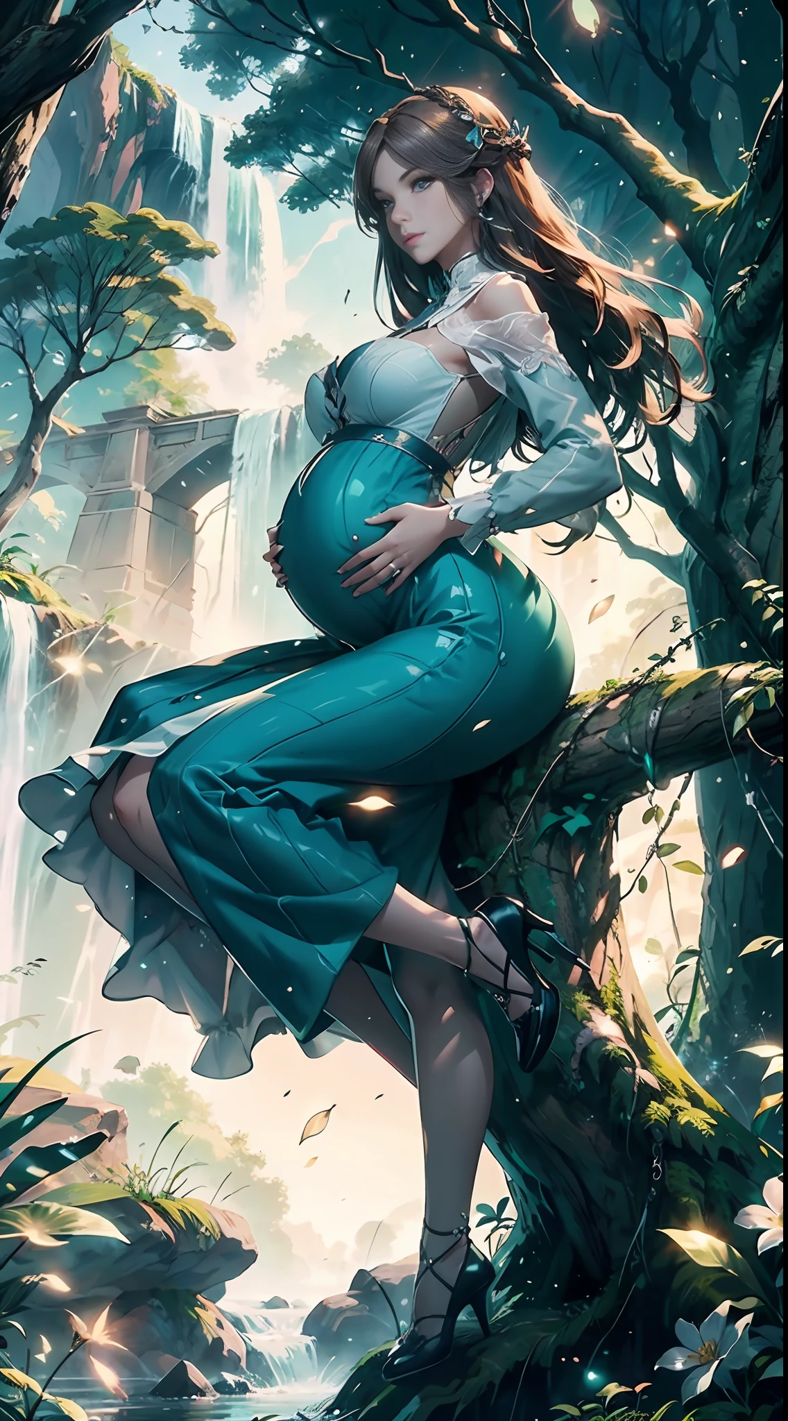 In the evening, a female character in fantasy style sits on an old tree, her facial features are extremely beautiful, long hair, elegant hair, blue and white pottery long skirt, layered skirt, dynamic pose, front view, perfect composition, stream, waterfall, starlight, fireflies, white flowers, splashing water, looking from the bottom up, Ning Rongrong, pregnant, pregnant, pregnant,