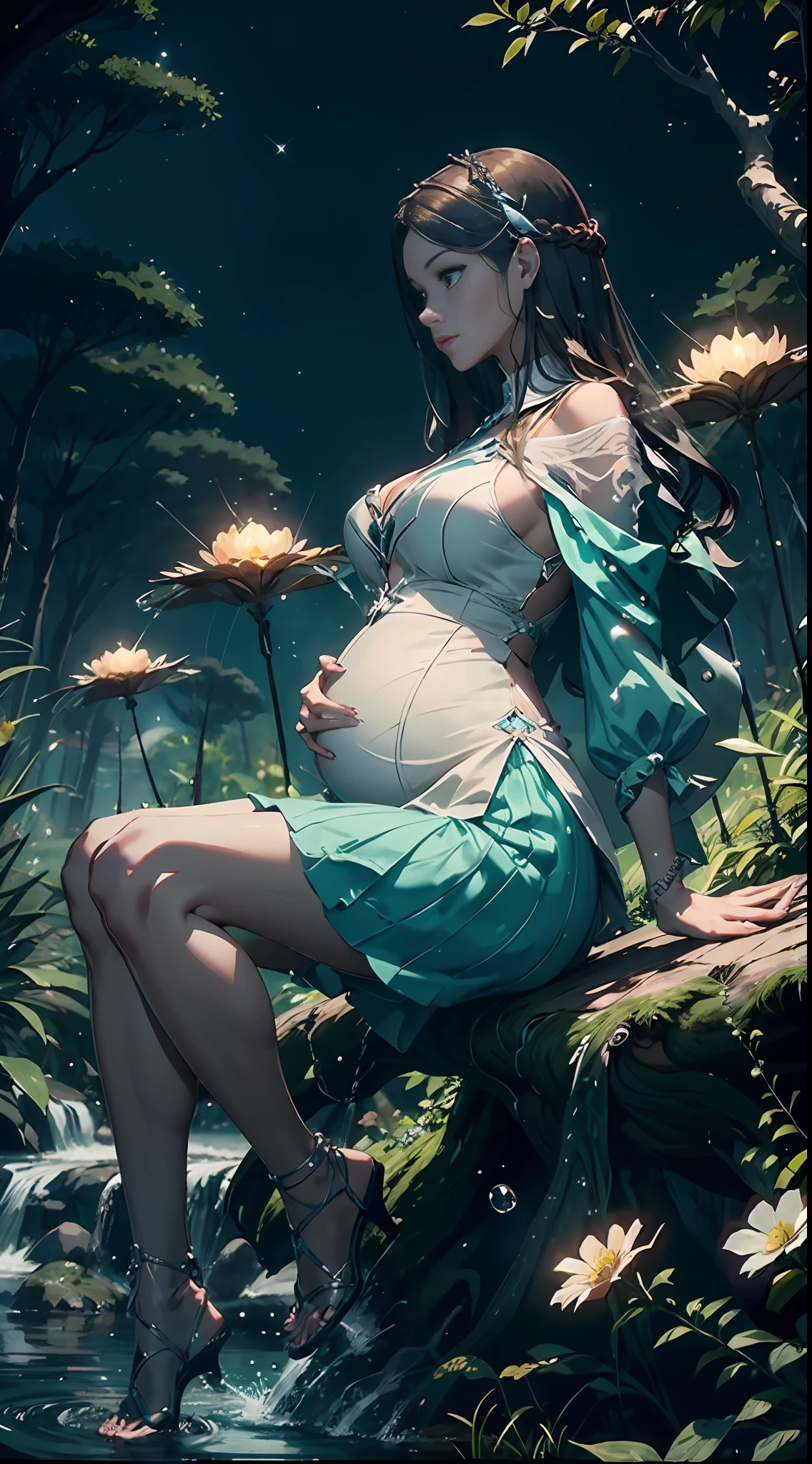 In the evening, a female character in fantasy style sits on an old tree, her facial features are extremely beautiful, long hair, elegant hair, blue and white pottery long skirt, layered skirt, dynamic pose, front view, perfect composition, stream, waterfall, starlight, fireflies, white flowers, splashing water, looking from the bottom up, Ning Rongrong, pregnant, pregnant, pregnant,