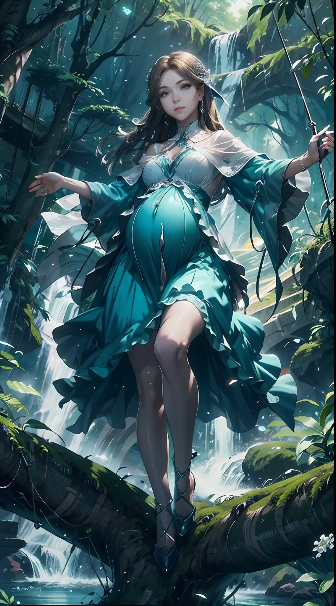 In the evening, a female character in fantasy style sits on an old tree, her facial features are extremely beautiful, long hair, elegant hair, blue and white pottery long skirt, layered skirt, dynamic pose, front view, perfect composition, stream, waterfall, starlight, fireflies, white flowers, splashing water, looking from the bottom up, Ning Rongrong, pregnant, pregnant, pregnant,