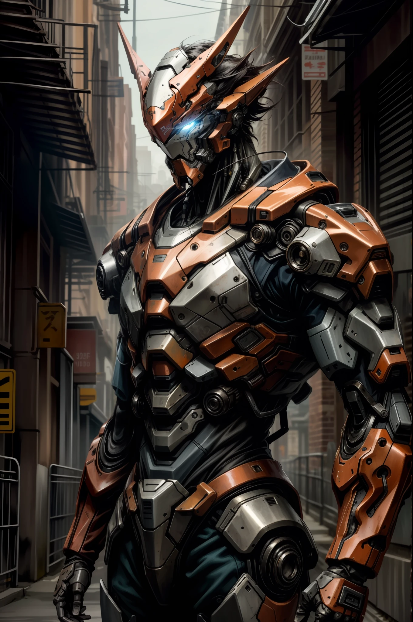 Portrait photo of an alpha male, perfect eyes, in a worn mecha suit, intricate, (steel metal [rust]), elegant, sharp focus, photo by greg rutkowski, soft lighting, vibrant colors, masterpiece, ((streets)), cowboy shot, dynamic pose,