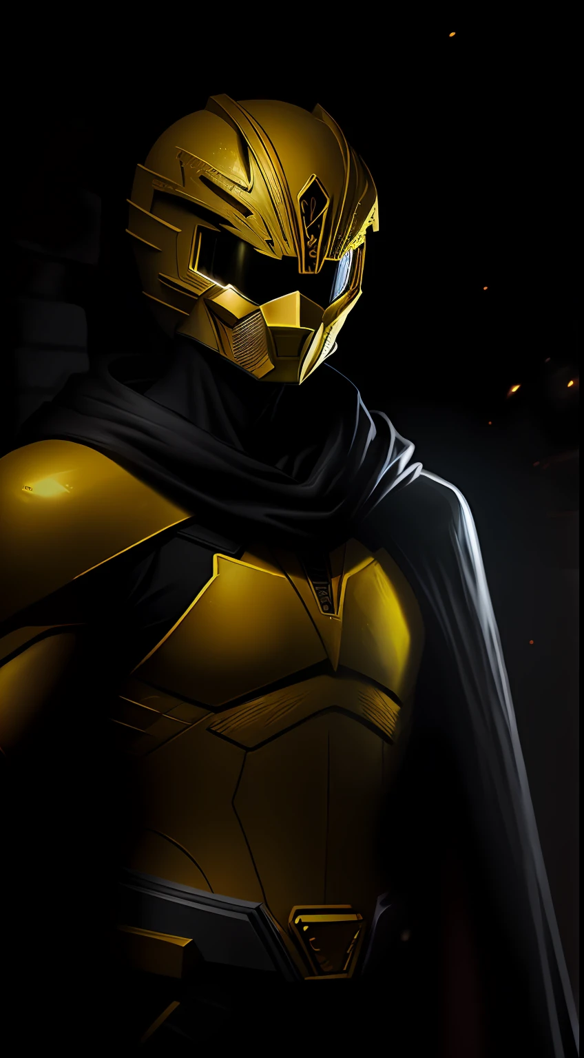 (Dark shot: 1.1), Epic Realistic, Yellow Ranger from Power Rangers in the dark with glowing eyes and glowing cape, soft cinematic light, Adobe Lightroom, photolab, HDR, intricated, Highly detailed, (dof: 1,4), hyper-detail (artstation: 1,4), cinematic, warm lights, Dramatic light (intricate details: 1,1)