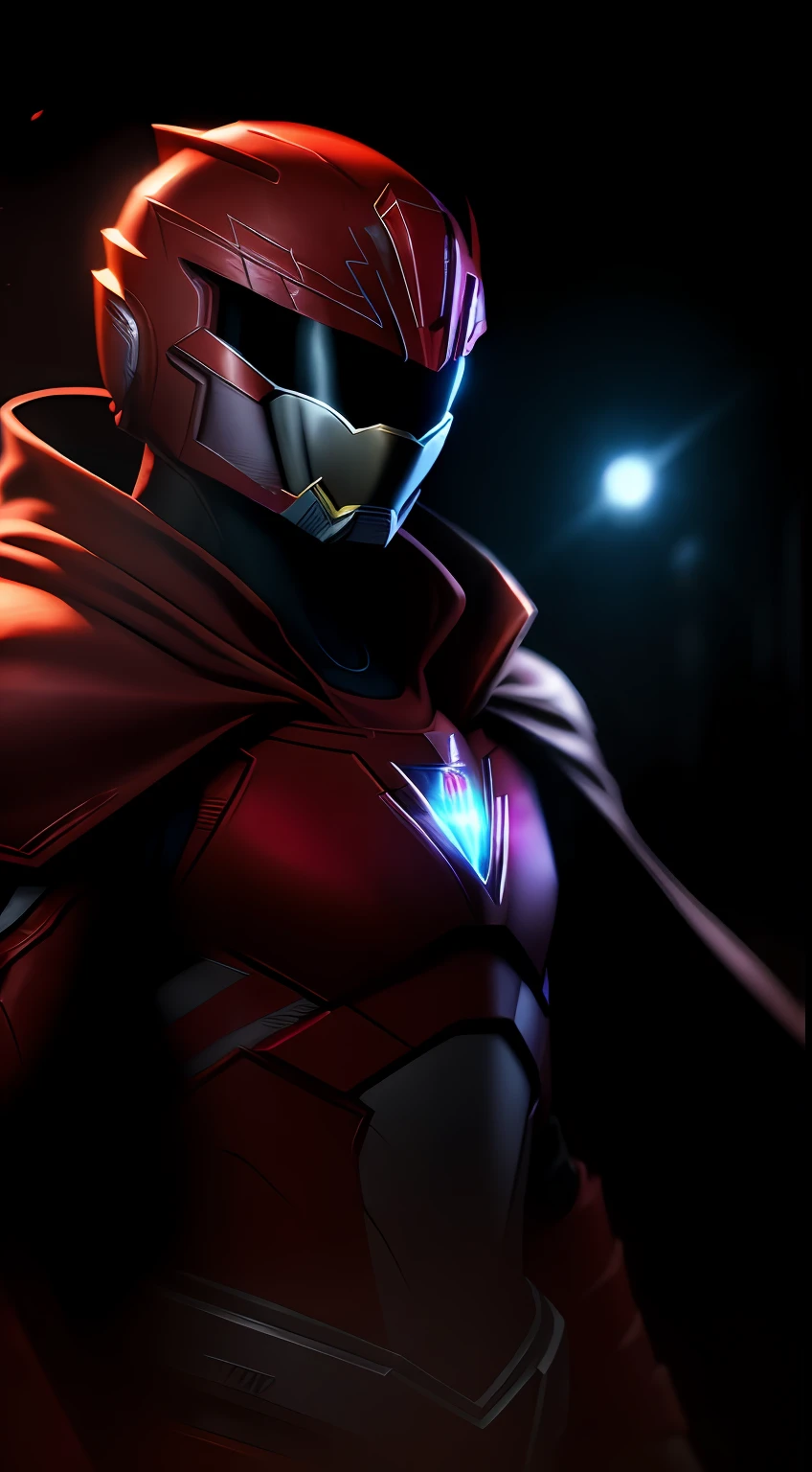 (Dark shot: 1.1), Epic Realistic, Red Ranger from Power Rangers in the dark with glowing eyes and glowing cape, soft cinematic light, Adobe Lightroom, photolab, HDR, intricated, Highly detailed, (dof: 1,4), hyper-detail (artstation: 1,4), cinematic, warm lights, Dramatic light (intricate details: 1,1)