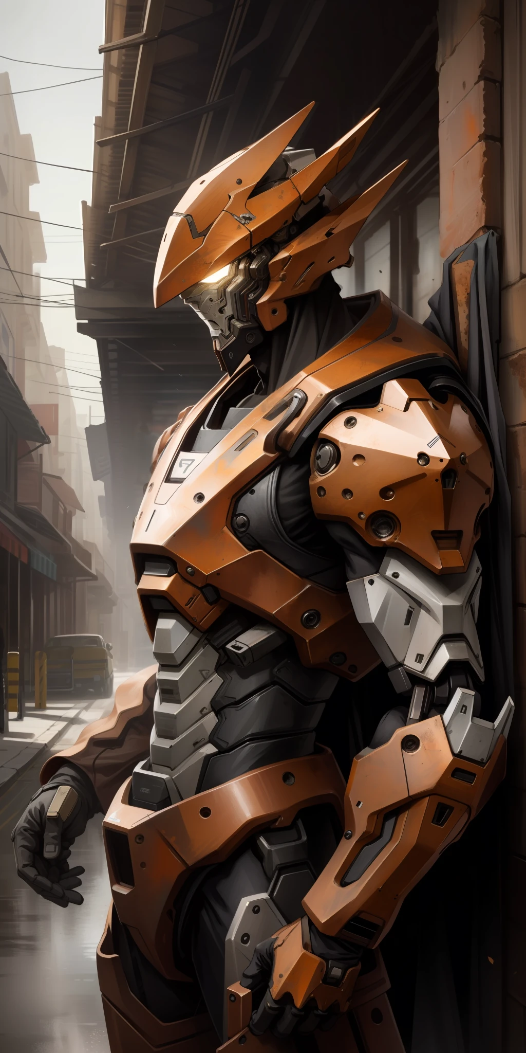 Portrait photo of an alpha male, perfect eyes, in a worn mecha suit, intricate, (steel metal [rust]), elegant, sharp focus, photo by greg rutkowski, soft lighting, vibrant colors, masterpiece, ((streets)), cowboy shot, dynamic pose,