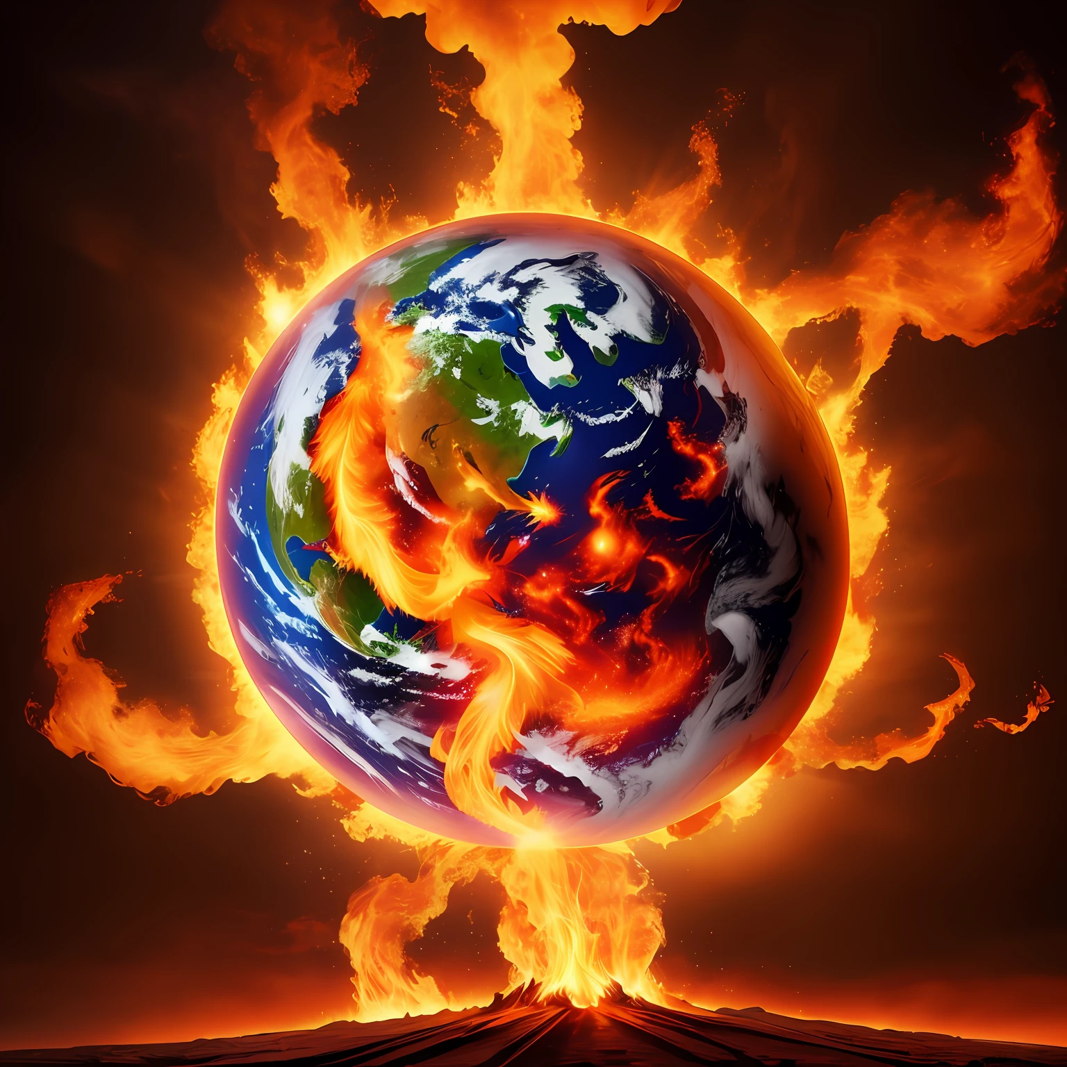 a close up of a fireball with a planet in the middle, planet earth from space on fire,Only the right side of the planet is burned, the world on fire, the world is on fire, burning world