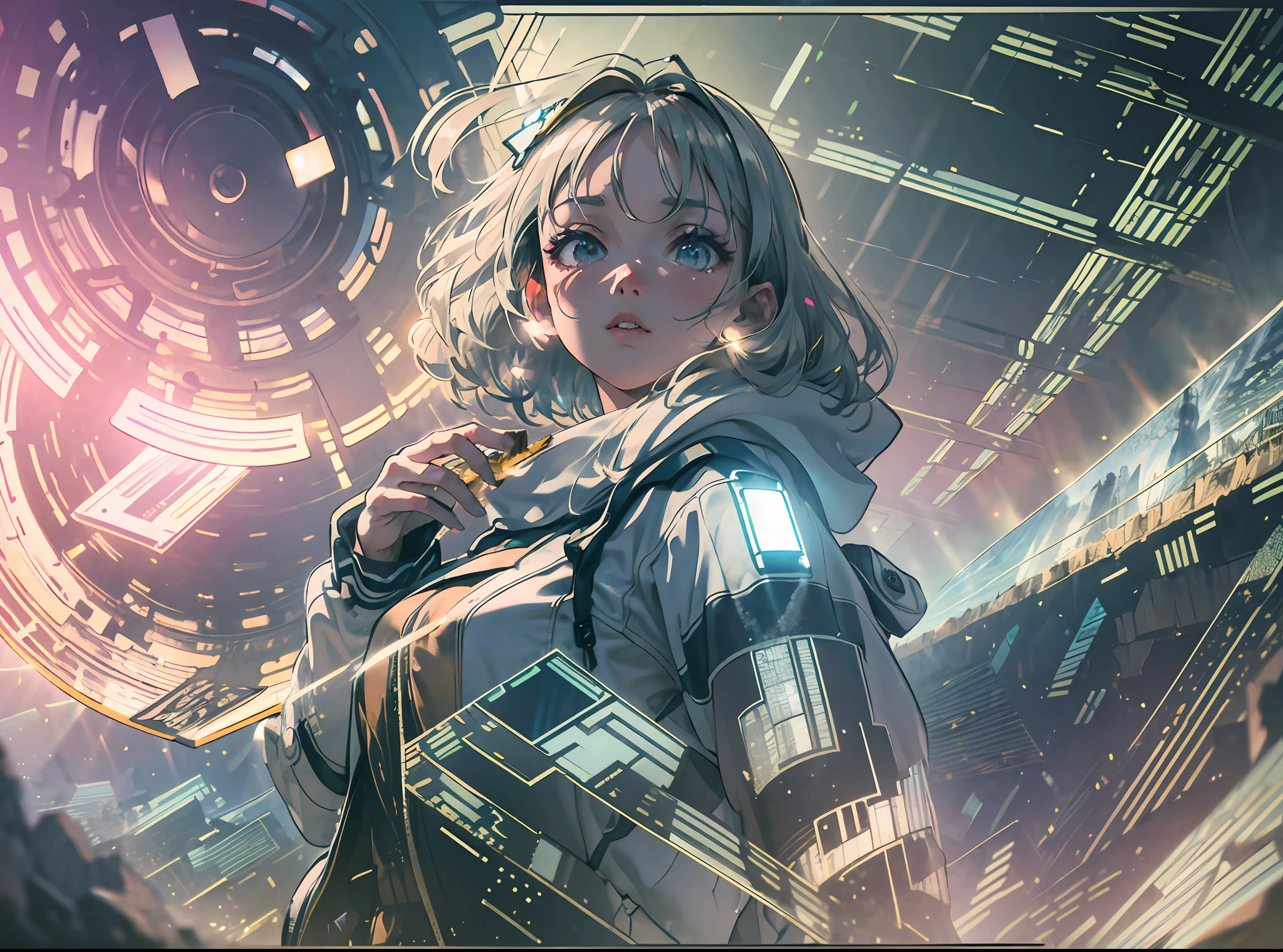 (award winning 64k concept art:1.3) of (young woman looking up standing over the valley:1.2), close to camera, in white jacket, sweet, front, epic, god rays, (masterpiece:1.4), (best quality:1.4), Amazing, beautiful, finely detailed, warm soft color grading, (Depth of field:1.4), 64k, fine art, stunning, (light reflections:1.2), (crisp:1.6), gold short curls, vibrant, (edge detection:1.4), absurdres, impressive, 120mm, extremely clear, lens flare, symmetrical clothes, wide shot, wide angle
