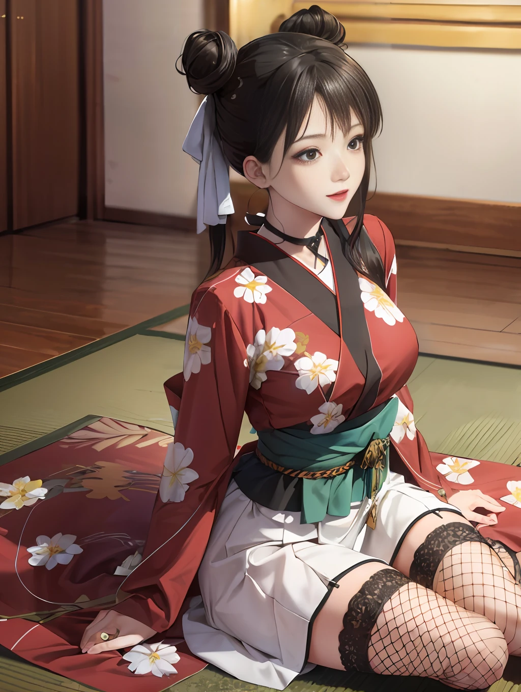 (masterpiece, best quality, ultra detailed, high resolution, absurdres:1.4), (shiny black hair, twin-buns style, smooth and white shiny skins:1.2), (super fine illustration, extremely detailed CG unity 8k wallpaper), 1girl, extremely cute and beautiful girl. slender, abs, medium breasts, red, gold, BREAK, (lace), (single fishnet legwear, single garter strap, cross-laced sleeves, cross-laced clothes:1.2), heart, collar, ribbon choker, ear piercing, BREAK, Japanese kimono, gothic Lolita, knee-length skirt, BREAK, background is Japanese hotel in the night, ryokan, wasitu background, light grin smile, sitting, wariza, hands on between legs, ufotable style, anime screen cap, pink lipstick, perfect ???????, perfect proportion, beautiful detailed face,