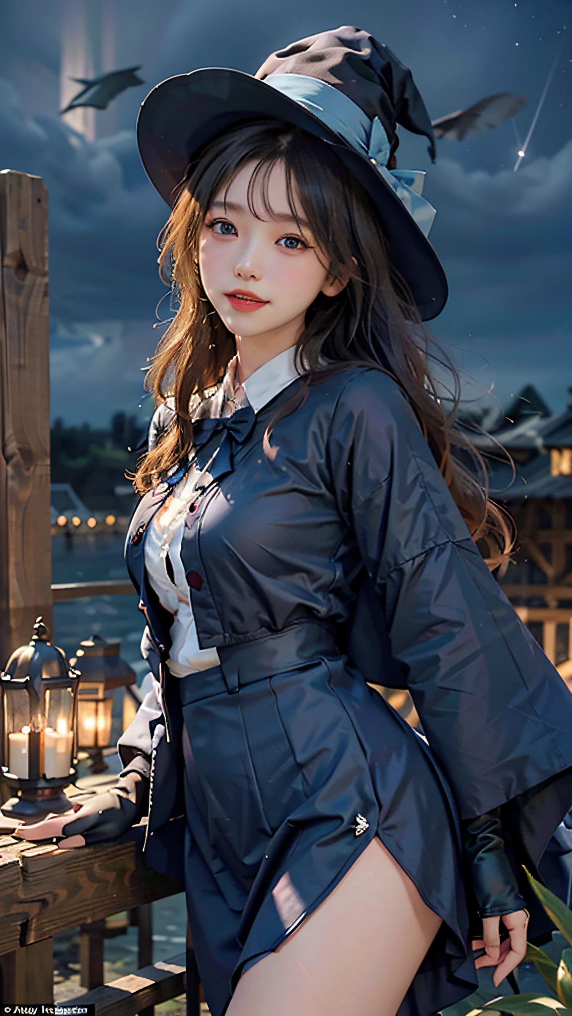 ((masterpiece:1.2, best quality)), 1girl, solo, (witch hat), blonde, long hair, skirt, aurora, night, stars (sky), gloves, sky, white skirt, night sky, mouth open, starry sky, blue Eyes, Ribbons, Long Hair, Red Dress, Smile, Headband, Cape, Blue Hair, (Bird), Magic, Spellcasting, Dark Clouds, Night, (Impressionism: 1.4), (Tarot: 1.3), Alphonse Mucha,