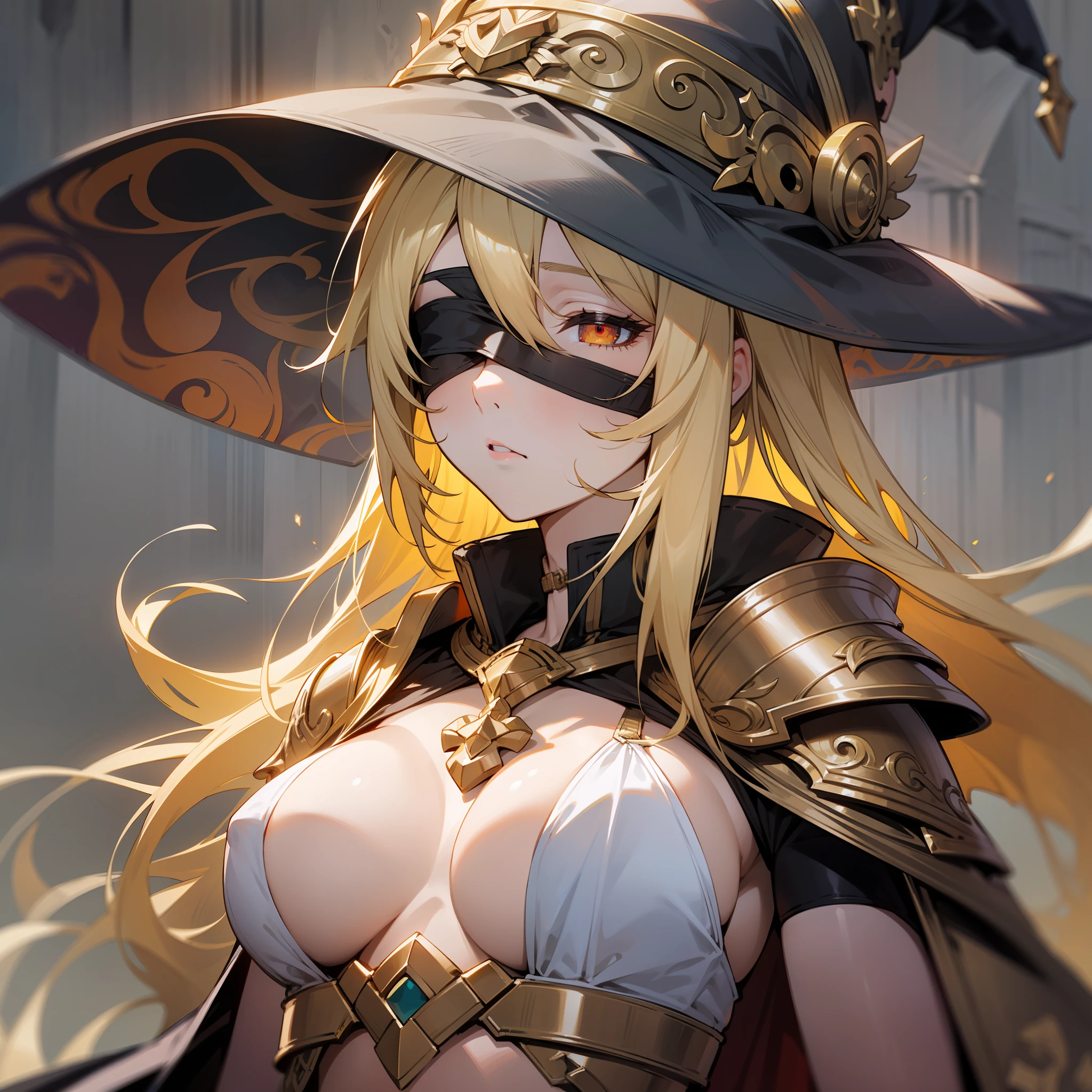 masterpiece,official art, extremely detailed CG unity 8k wallpaper,highly detailed,1girl,bikini armor,Witch hat,long hair,blonde hair,blonde_hair,green sclera,blindfold,expressionless,medium breasts,shushing,Otinus,Odin,cape