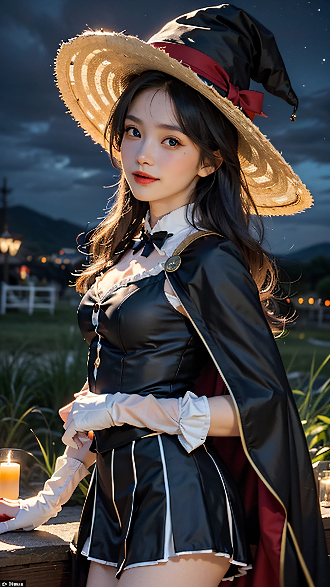 ((masterpiece:1.2, best quality)), 1girl, solo, (witch hat), blonde, long hair, skirt, aurora, night, stars (sky), gloves, sky, white skirt, night sky, mouth open, starry sky, blue Eyes, Ribbons, Long Hair, Red Dress, Smile, Headband, Cape, Blue Hair, (Bird), Magic, Spellcasting, Dark Clouds, Night, (Impressionism: 1.4), (Tarot: 1.3), Alphonse Mucha,
