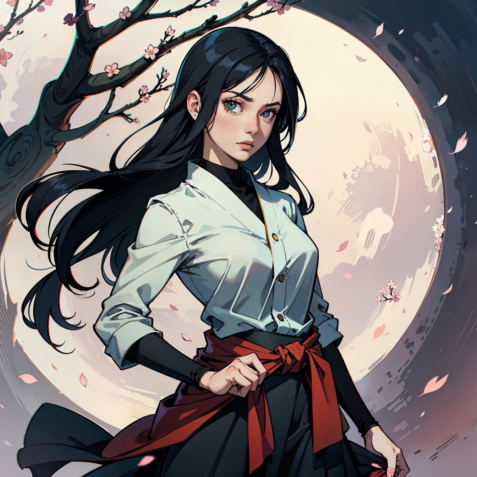Naruto style,Slender and slender woman,Hands pinched around the waist,Black medium-long straight hair。Two-dimensional style,There are plum blossoms on the skirt --auto