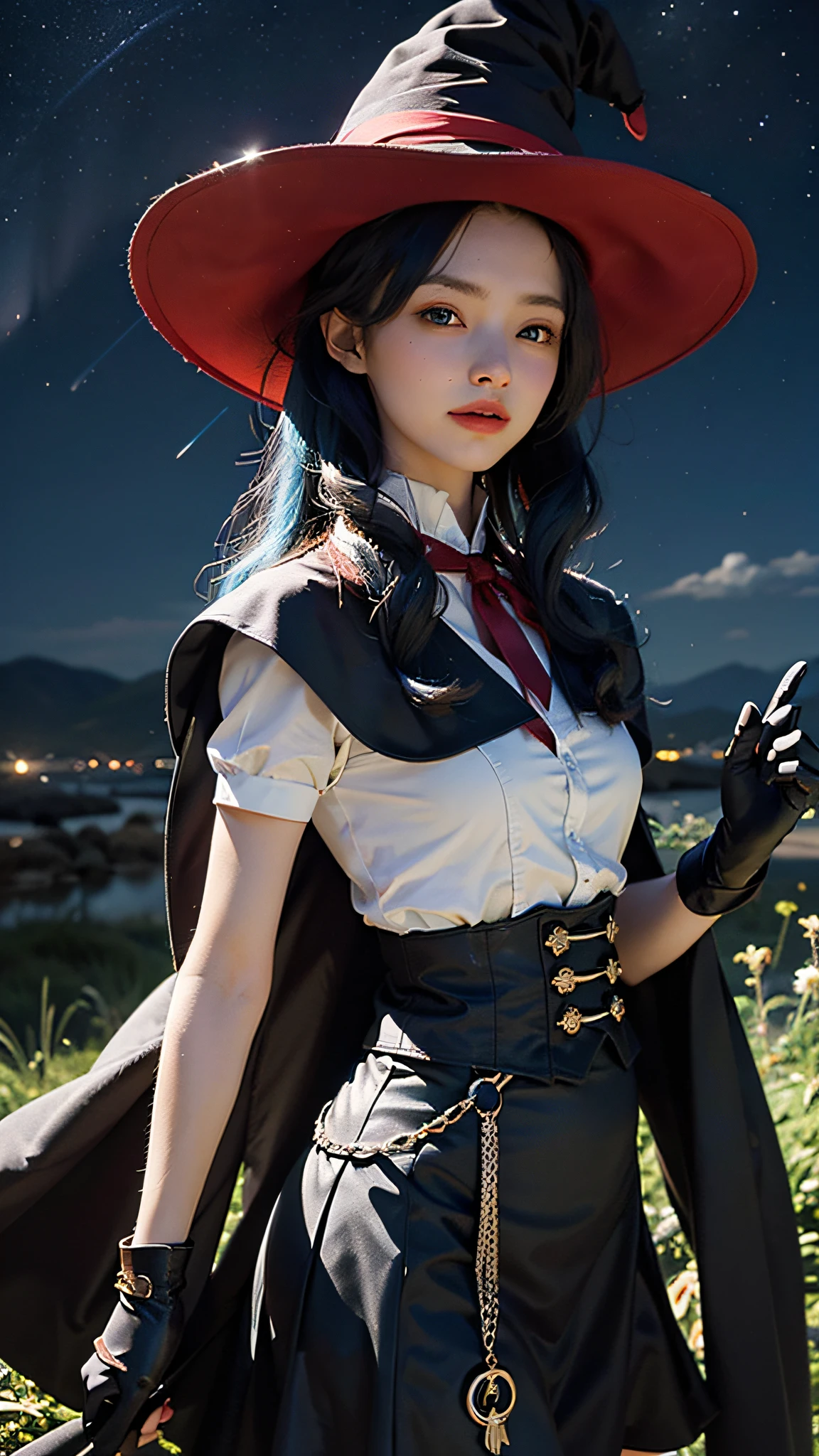 ((masterpiece:1.2, best quality)), 1girl, solo, (witch hat), blonde, long hair, skirt, aurora, night, stars (sky), gloves, sky, white skirt, night sky, mouth open, starry sky, blue Eyes, Ribbons, Long Hair, Red Dress, Smile, Headband, Cape, Blue Hair, (Bird), Magic, Spellcasting, Dark Clouds, Night, (Impressionism: 1.4), (Tarot: 1.3), Alphonse Mucha,