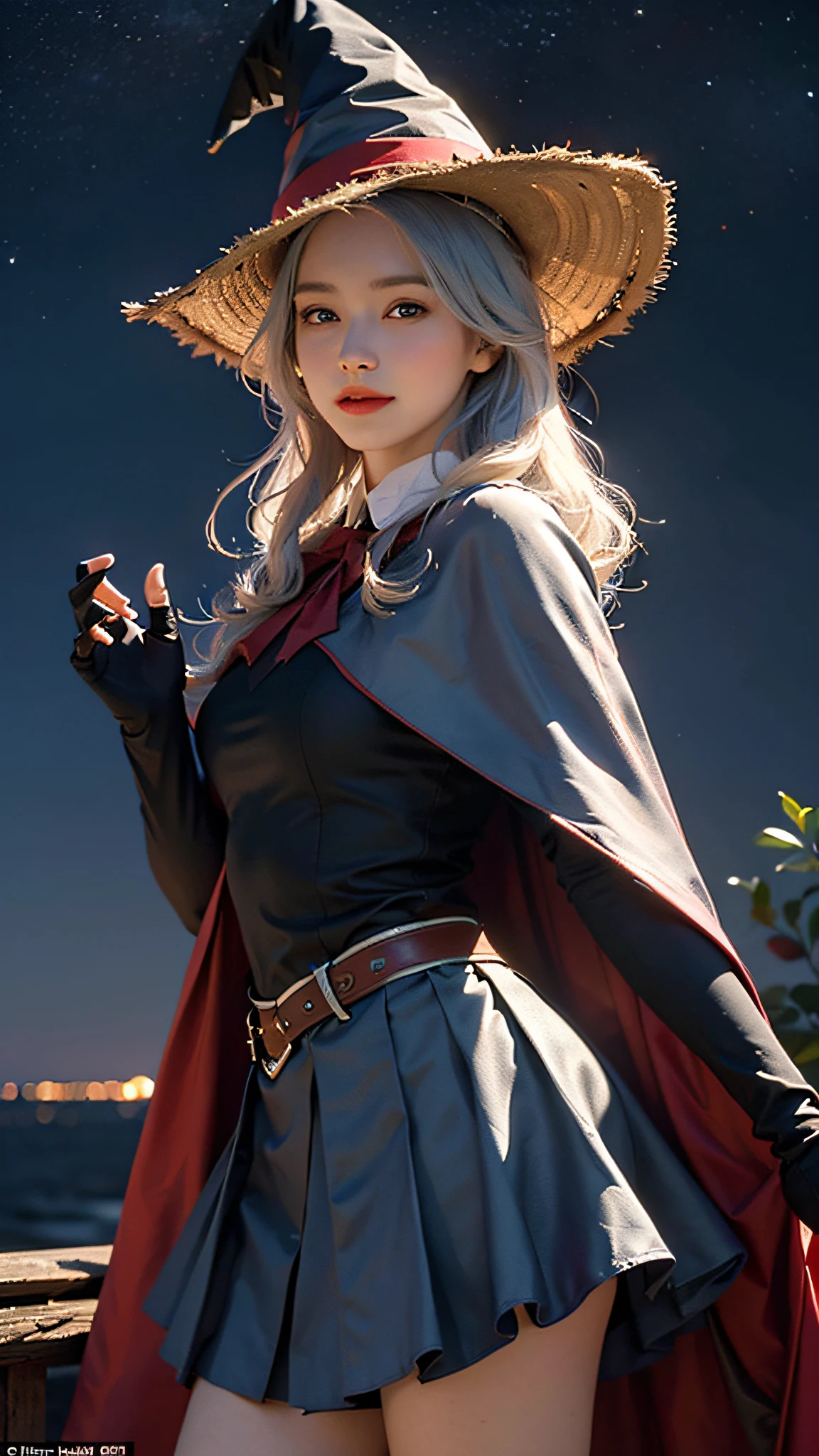 ((masterpiece:1.2, best quality)), 1girl, solo, (witch hat), blonde, long hair, skirt, aurora, night, stars (sky), gloves, sky, white skirt, night sky, mouth open, starry sky, blue Eyes, Ribbons, Long Hair, Red Dress, Smile, Headband, Cape, Blue Hair, (Bird), Magic, Spellcasting, Dark Clouds, Night, (Impressionism: 1.4), (Tarot: 1.3), Alphonse Mucha,