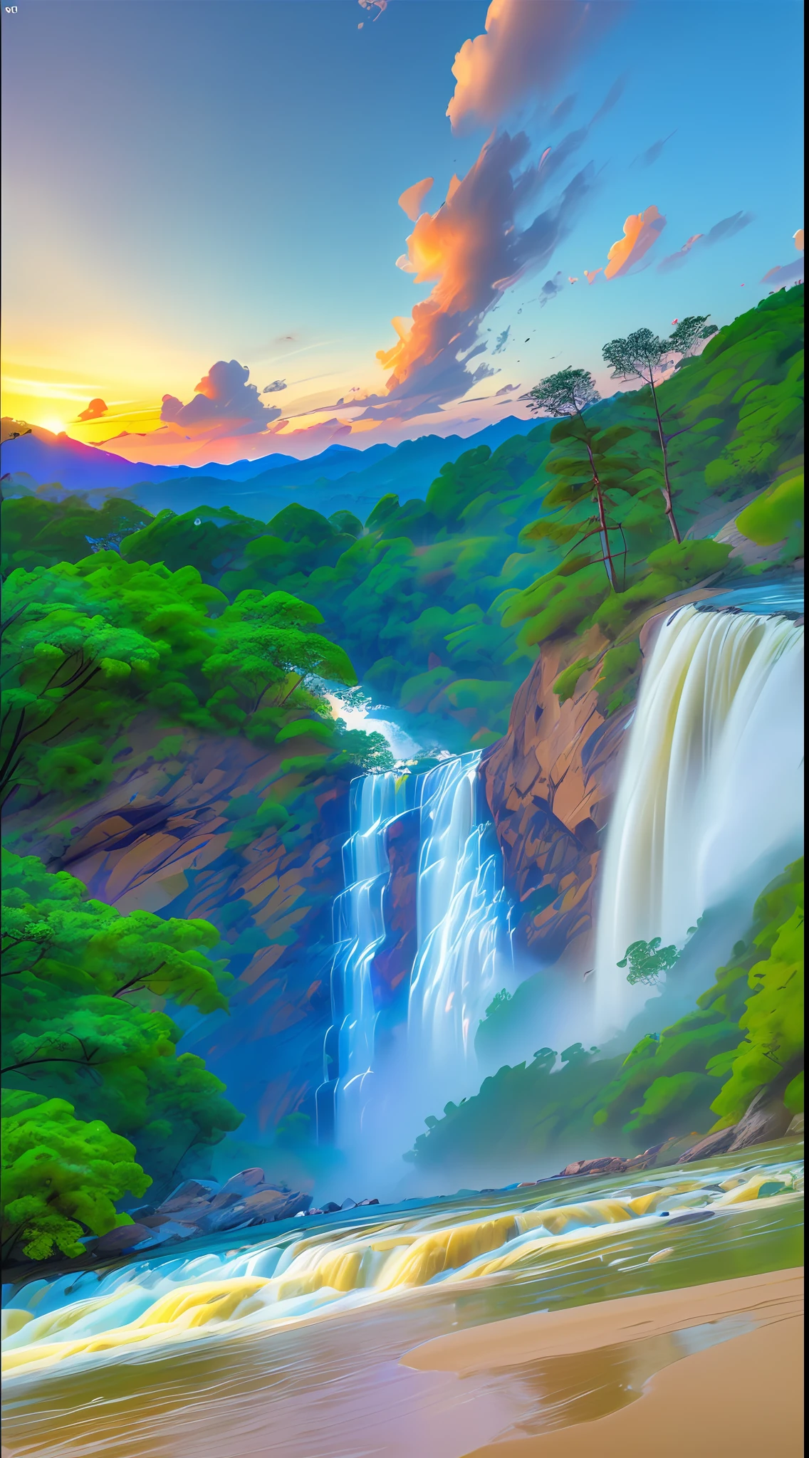 (8k, RAW photo, photorealistic:1.25) , on the mountain, see the waterfall, sunset, humanoid cloud, Verism, ray tracing, panorama, ultra wide angle, ultra hd, masterpiece, super detail, best quality, tyndall ray