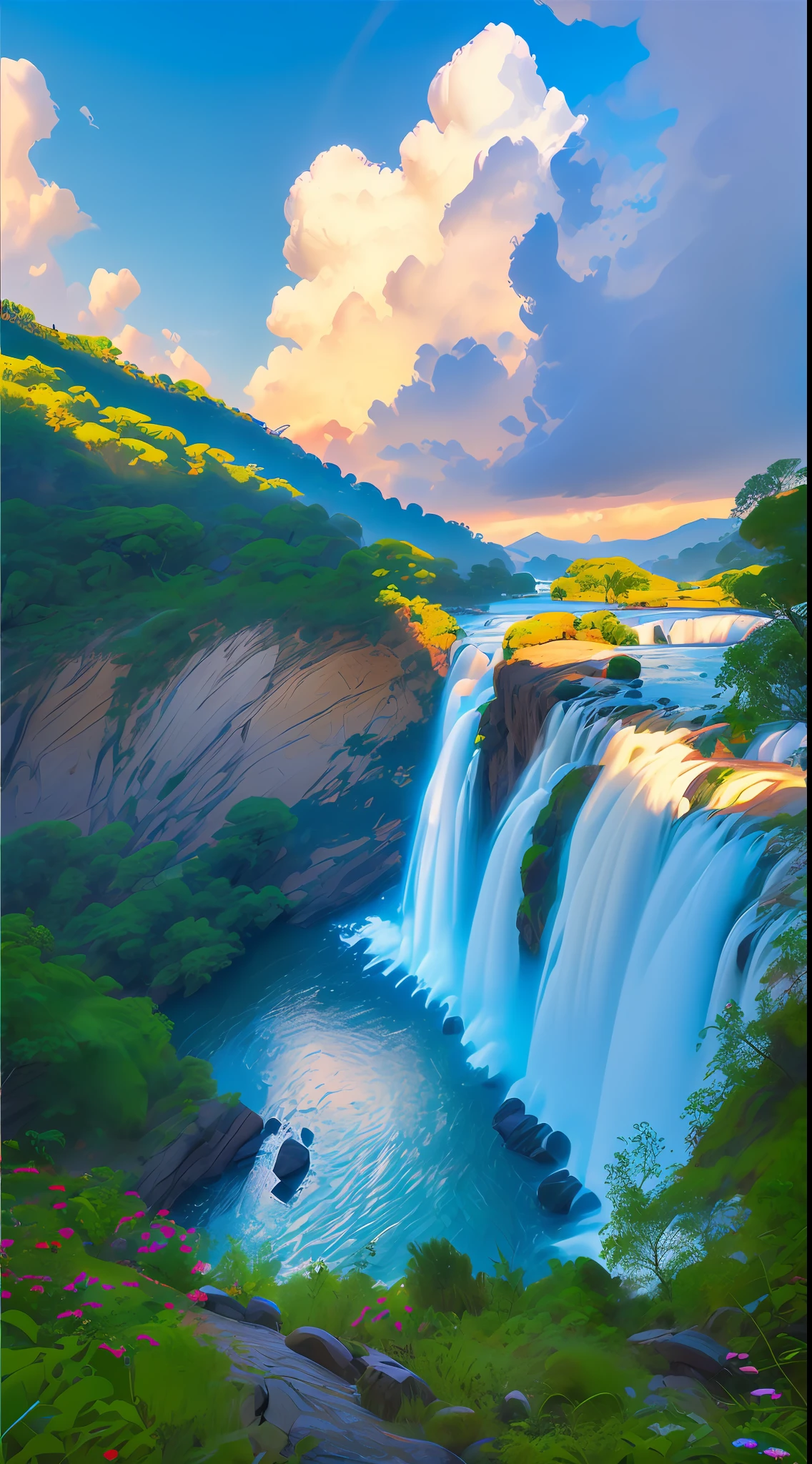 (8k, RAW photo, photorealistic:1.25) , on the mountain, see the waterfall, sunset, humanoid cloud, Verism, ray tracing, panorama, ultra wide angle, ultra hd, masterpiece, super detail, best quality, tyndall ray