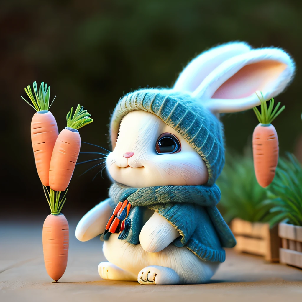 Clearly visible carrots,Cute rabbit,Warm light,soft tones,Vivid scenes.