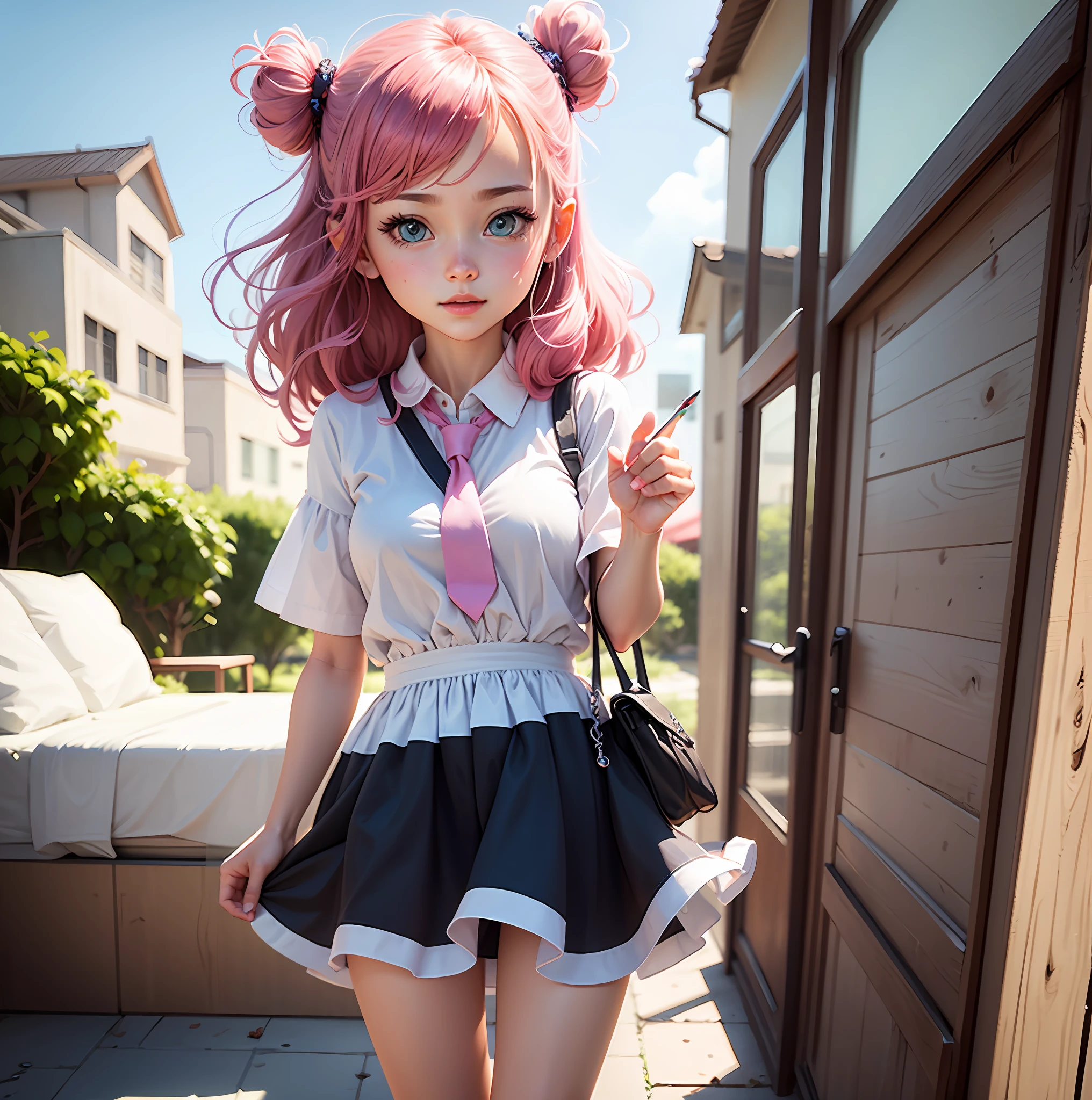 Close up of a girl in dress wearing tie pink with pink double tail hair and blue eyes, cute digital painting, cute digital art, realistic cute girl painting, cute detailed digital art, cute cartoon characters, beautiful character painting, cute characters, cute anime girl, cute cartoon, kawaii realistic portrait, digital cartoon painting art, cartoon cute, cute portrait, render a cute 3D anime girl, kawaii realistic portrait, anime moe art style, saori, Mikudayo, Shikamimi, My Dress Up Dear Anime, Nyaruko-san, Inspired Gacha Club Game, Shirabii, Anime Girl named Lucy, drawn in an anime artist studio --auto