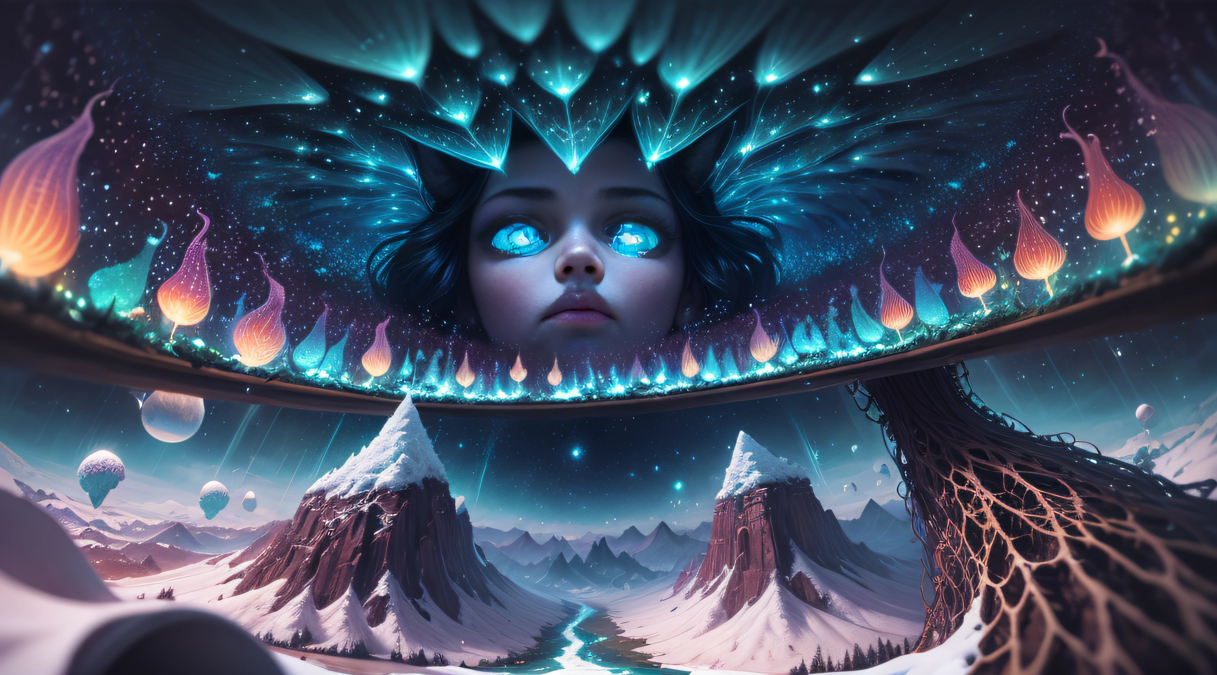 ((best quality)), ((masterpiece)), (detailed), (inspiring),airbrush ,highly detailed ,dark atmosphere,rays of light ,fractal art ,intricate details ,strange or odd,many little people riding horses, forest ,mountains with snow, sky with galaxies ,milky way , transparent lake with fishes ,imagination ,rabbits in the field ,psychedelic , little mushrooms , fractal art,illusion , dawn ,mysticism , oak trees ,fireflies , campfires , brian froud , alex grey , giger ,Jheronimus Bosch, ultra detailed , fisheye lens