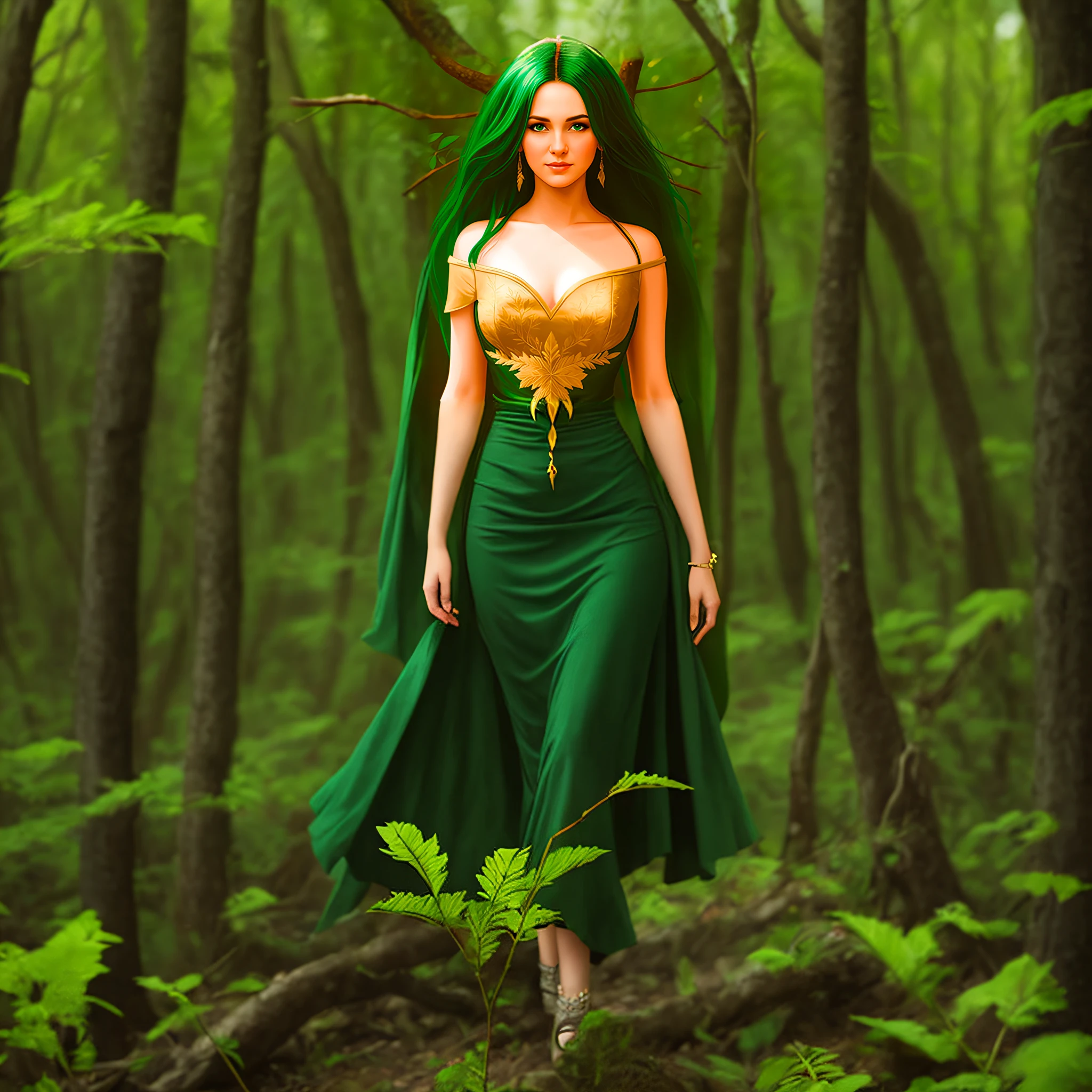 uma pintura de uma mulher com cabelo verde e um vestido verde de cetim pencil dress , fey queen of the summer forest, deusa da floresta, retrato de uma rainha elfa, sacerdotisa elfa, fae sacerdotisa, fantasia characture retrato, deusa da travessura, deusa da natureza, Elven Princess, retrato de uma bela deusa, rainha da floresta, retrato da deusa