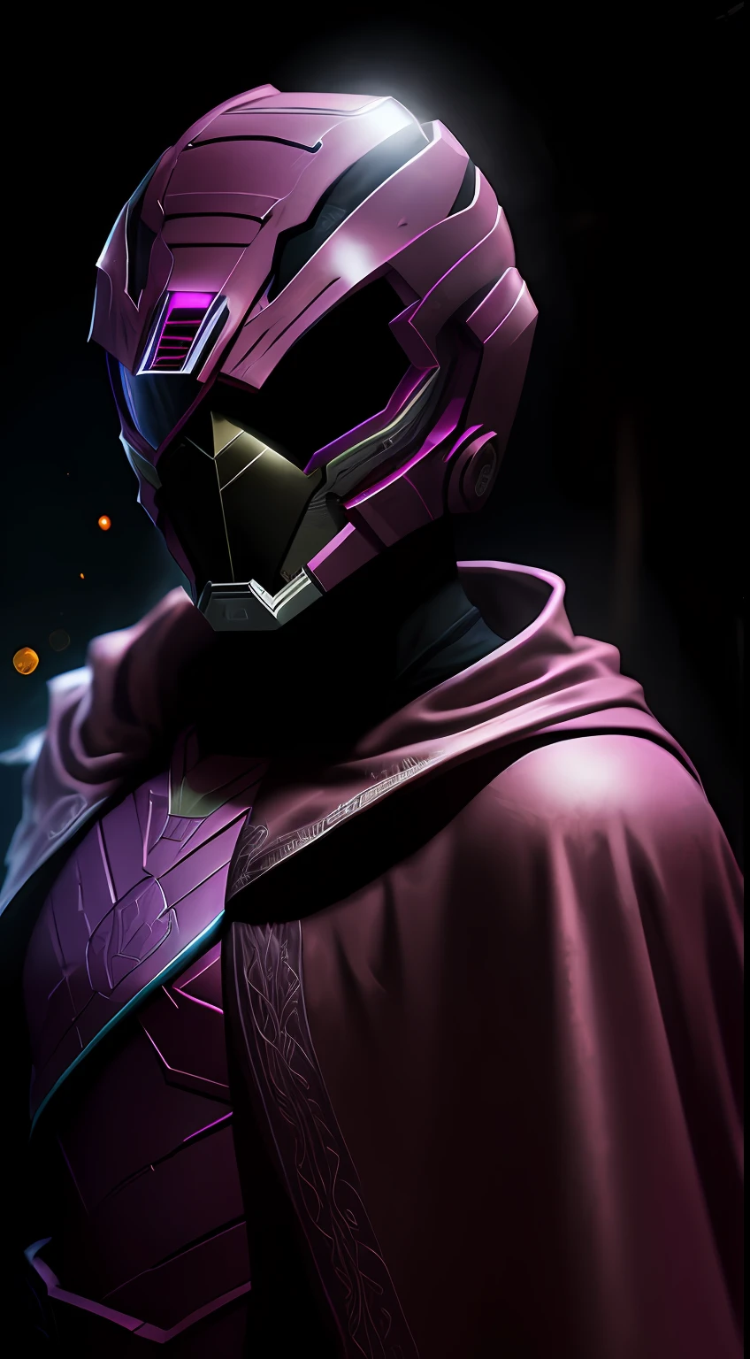 (Dark shot: 1.1), Epic Realistic, Pink Ranger from Power Rangers in the dark with glowing eyes and glowing cape, soft cinematic light, Adobe Lightroom, photolab, HDR, intricated, Highly detailed, (dof: 1,4), hyper-detail (artstation: 1,4), cinematic, warm lights, Dramatic light (intricate details: 1,1)